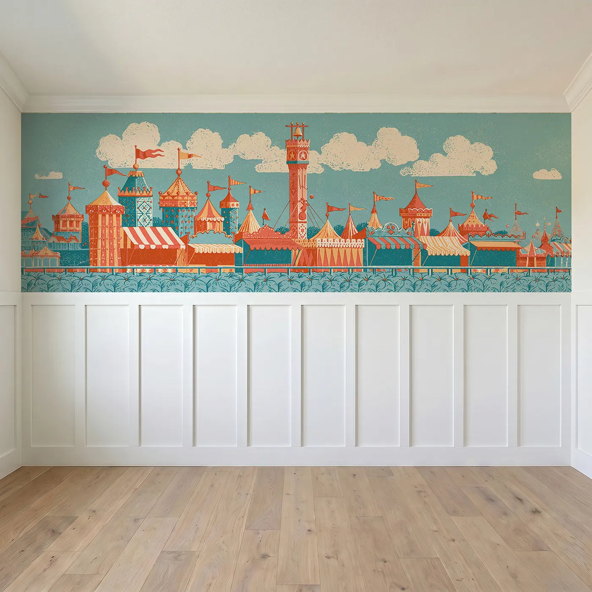 Full panel view of The High Striker Bell Wainscoting Wallpaper by Whimsy Tots