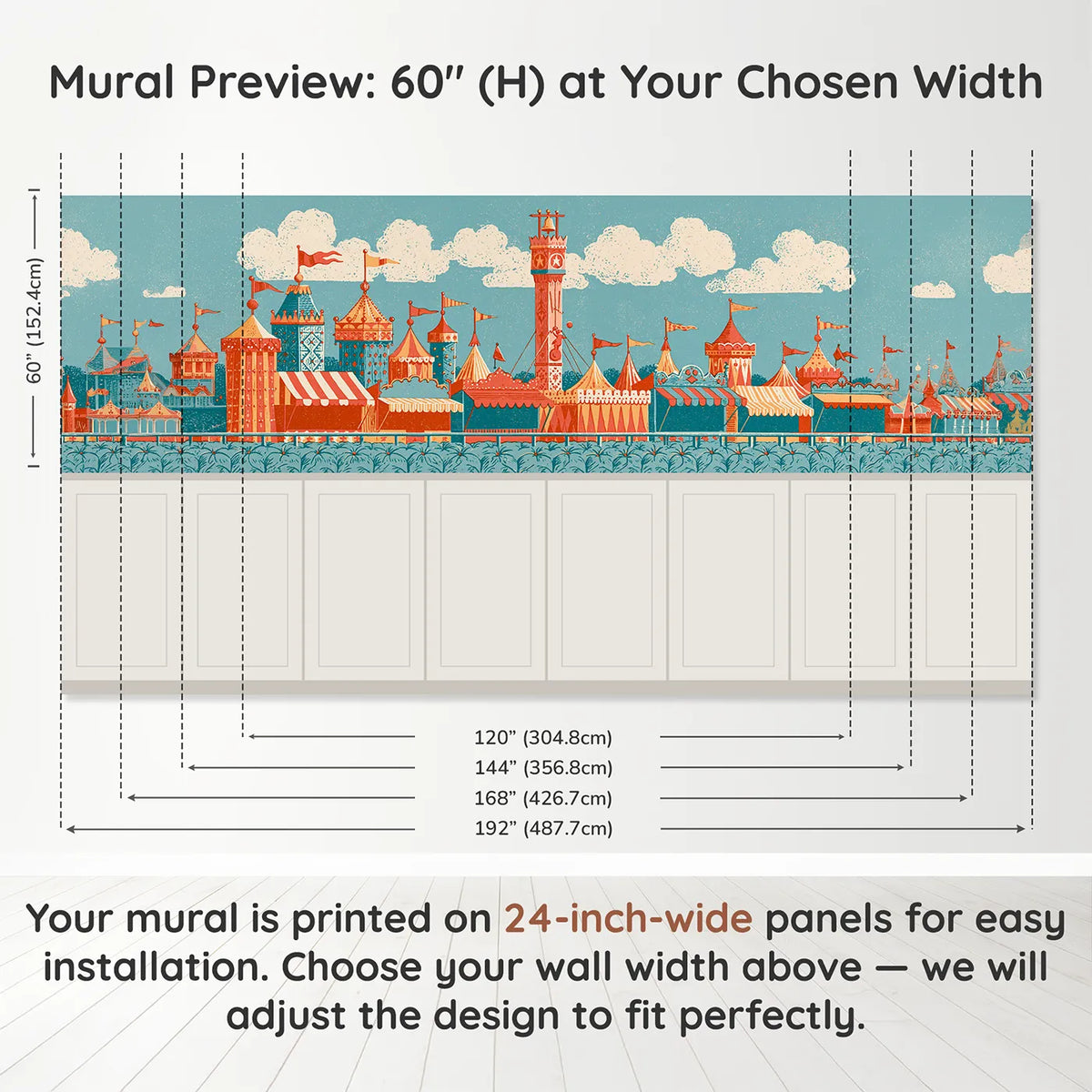 Panel dimensions for The High Striker Bell Wainscoting Wallpaper by Whimsy Tots