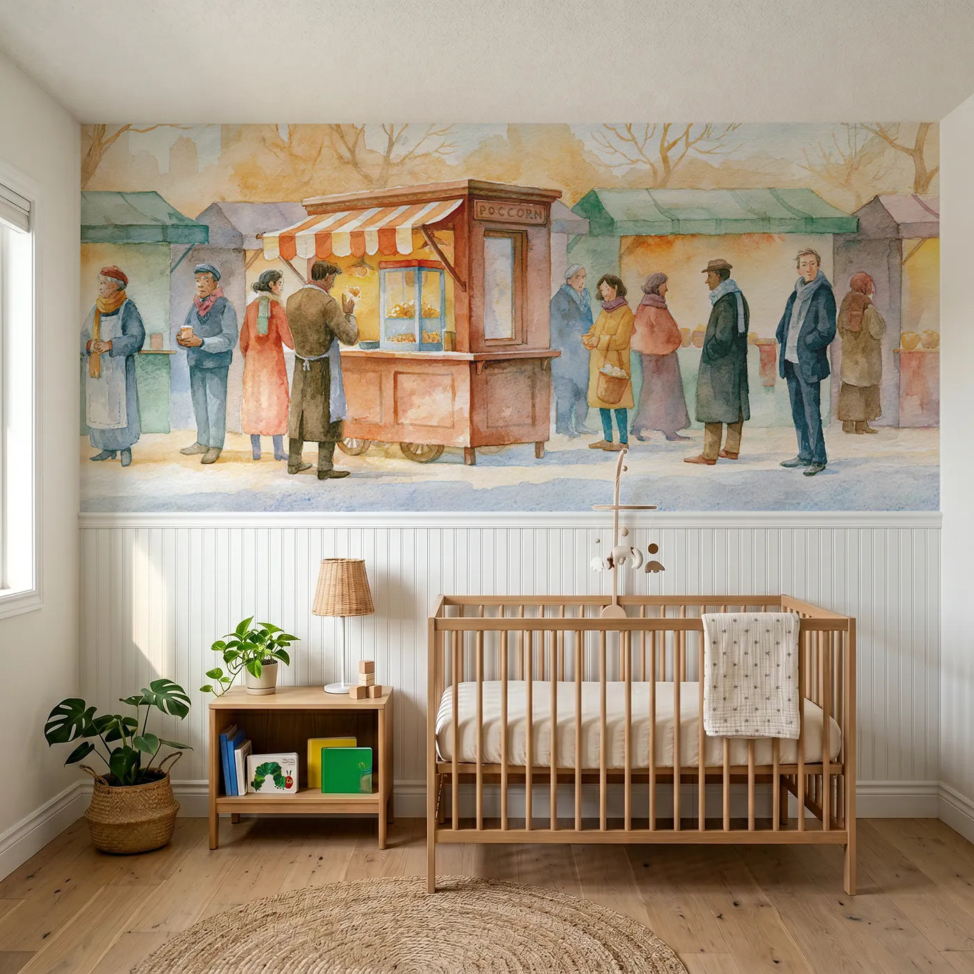 Watercolor wainscoting wallpaper of the popcorn wagon by Whimsy Tots