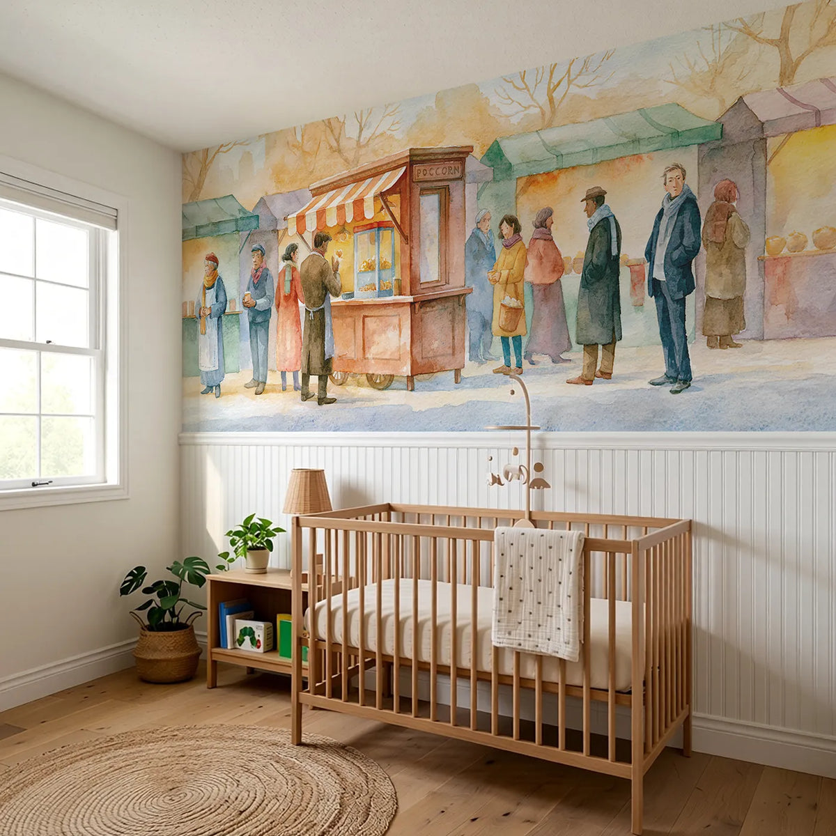 The Popcorn Wagon Wainscoting Wallpaper styled in a kids room by Whimsy Tots