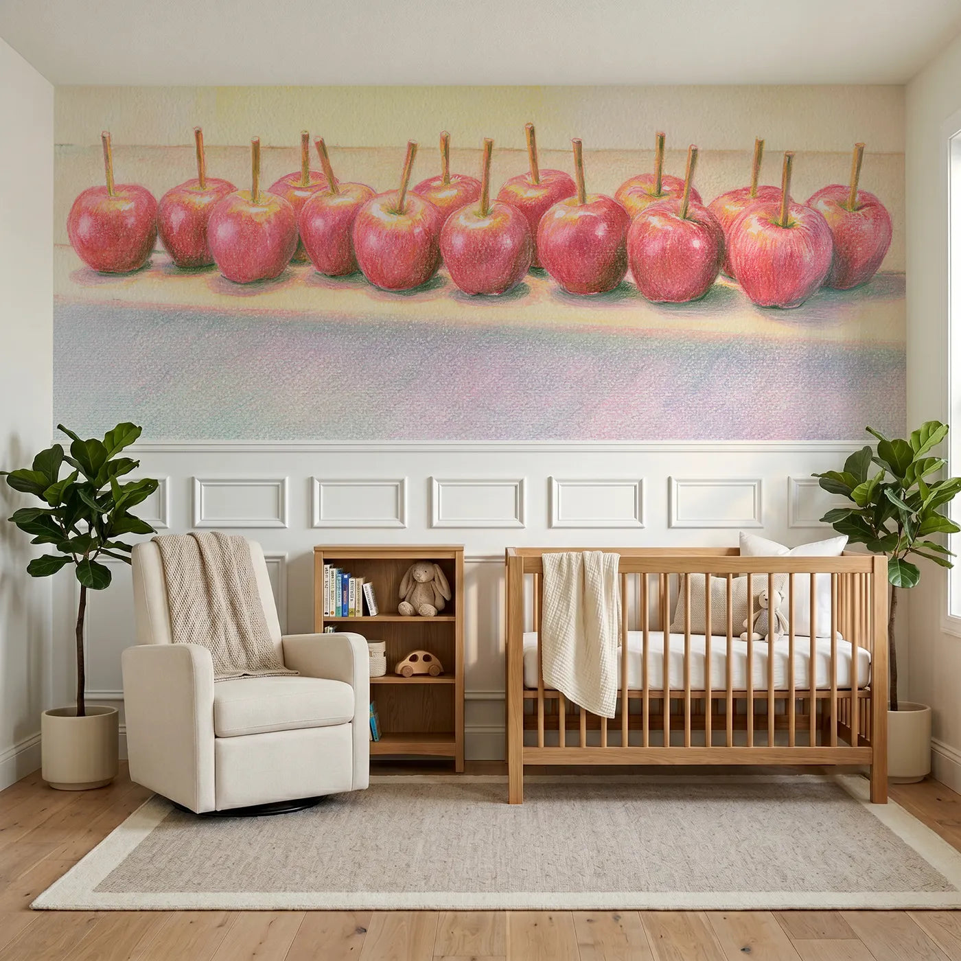 Colored pencil wainscoting wallpaper of candy apples in a row by Whimsy Tots