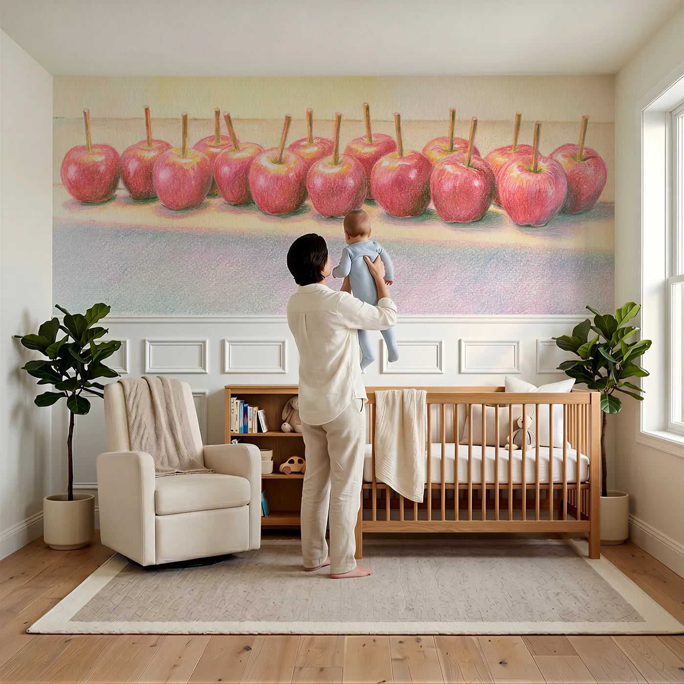 Child reading near Candy Apples In A Row Wainscoting Wallpaper by Whimsy Tots