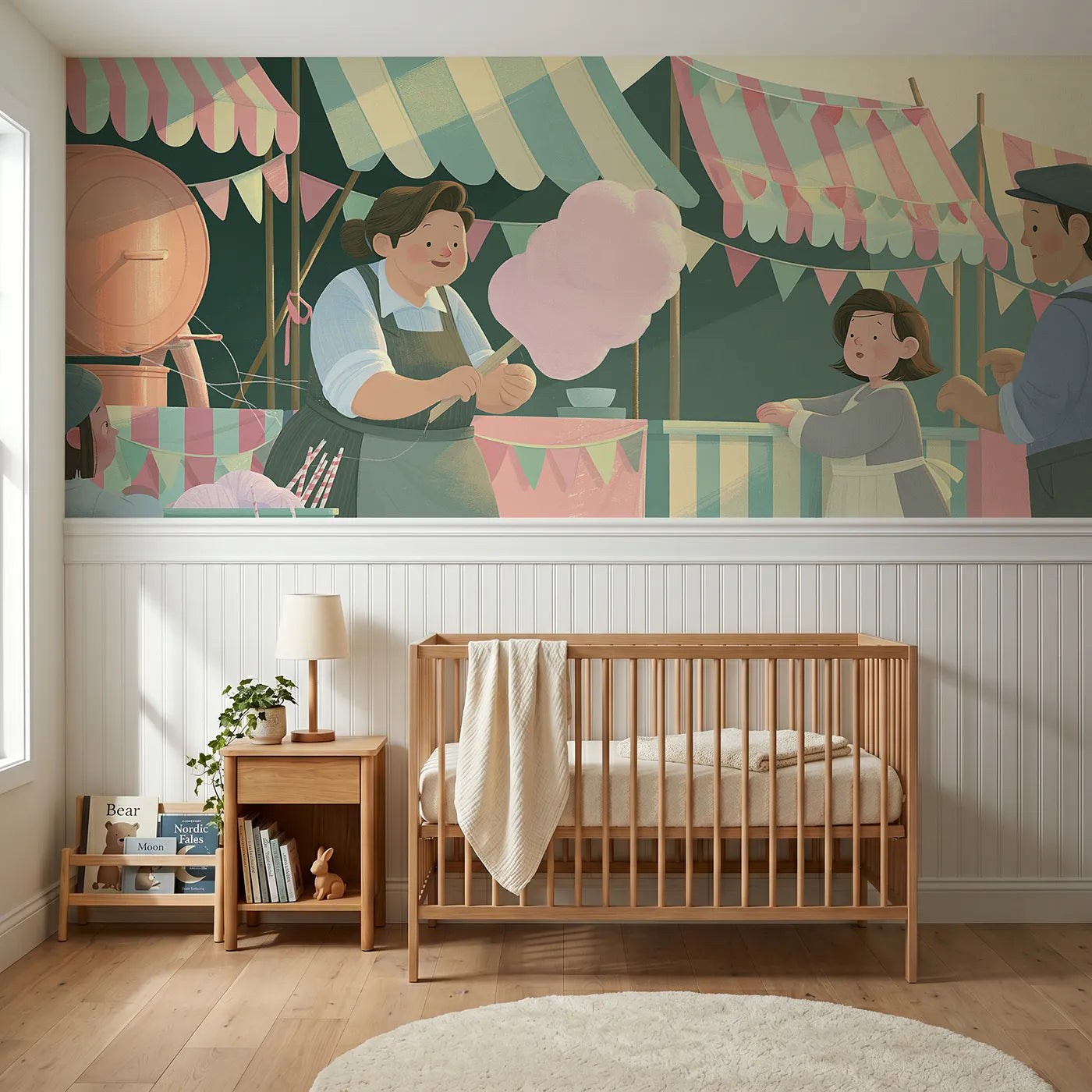 Modern illustration wainscoting wallpaper of spinning the sugar floss by Whimsy Tots