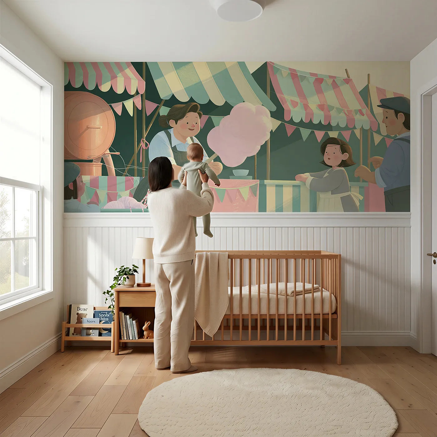 Child reading near Spinning The Sugar Floss Wainscoting Wallpaper by Whimsy Tots