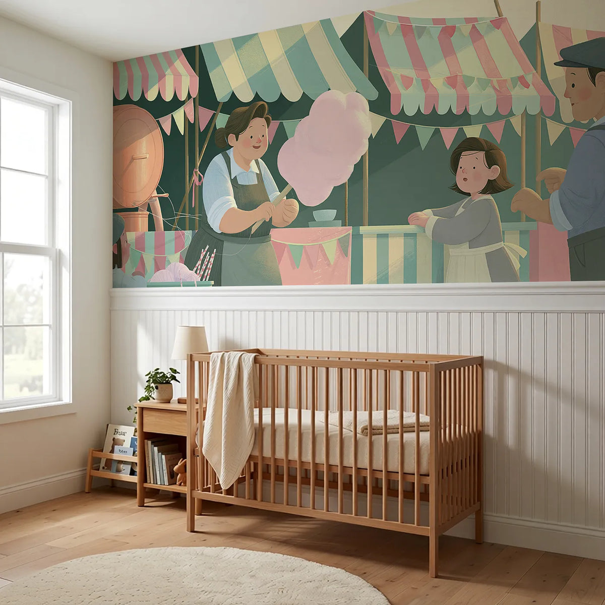 Spinning The Sugar Floss Wainscoting Wallpaper styled in a kids room by Whimsy Tots