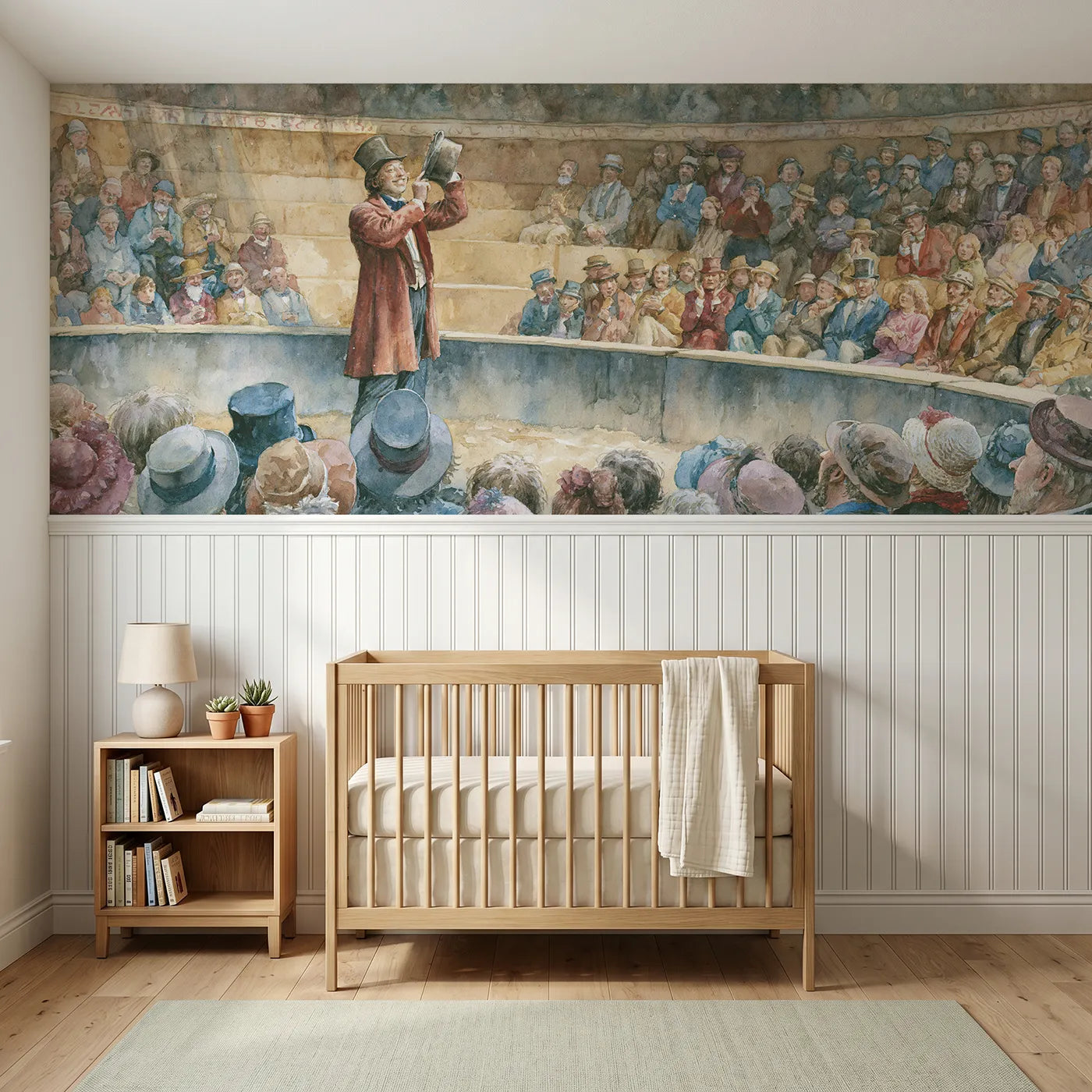 Storybook wainscoting wallpaper of the ringmaster tipping his hat by Whimsy Tots