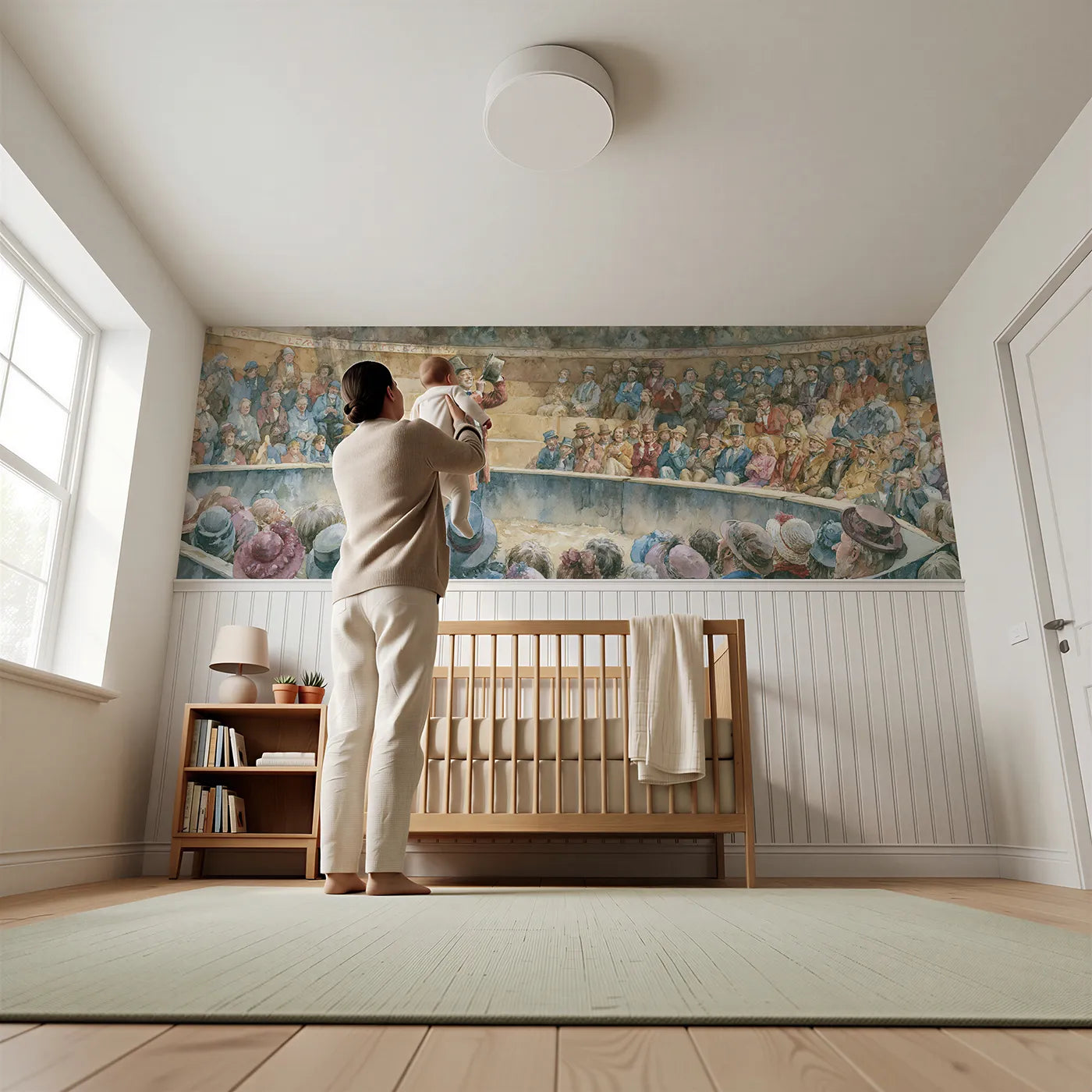 Child reading near The Ringmaster Tips His Hat Wainscoting Wallpaper by Whimsy Tots