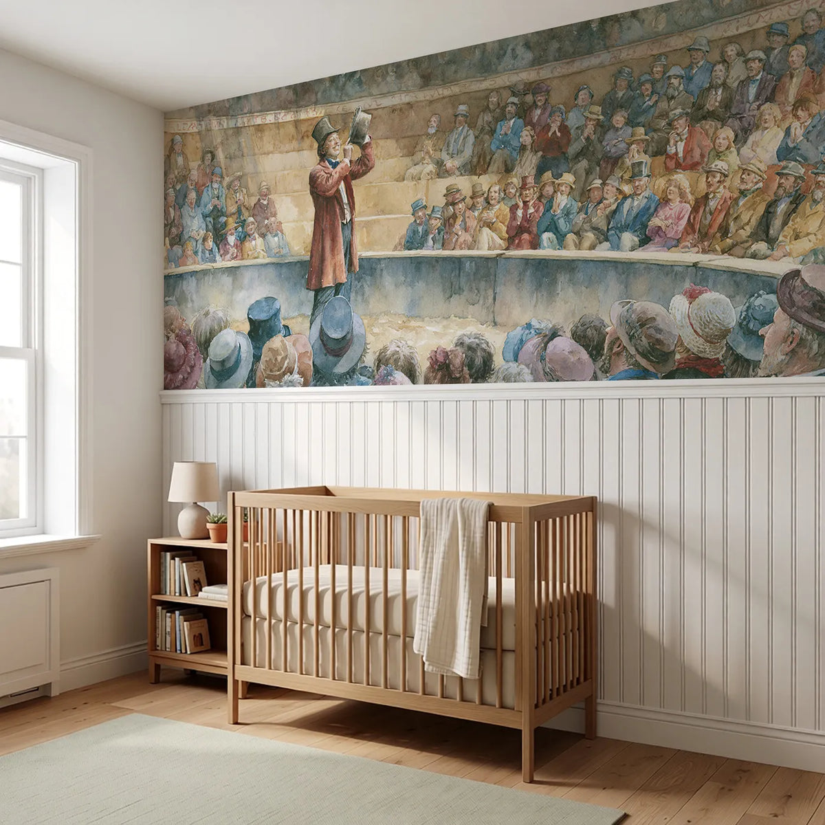 The Ringmaster Tips His Hat Wainscoting Wallpaper styled in a kids room by Whimsy Tots