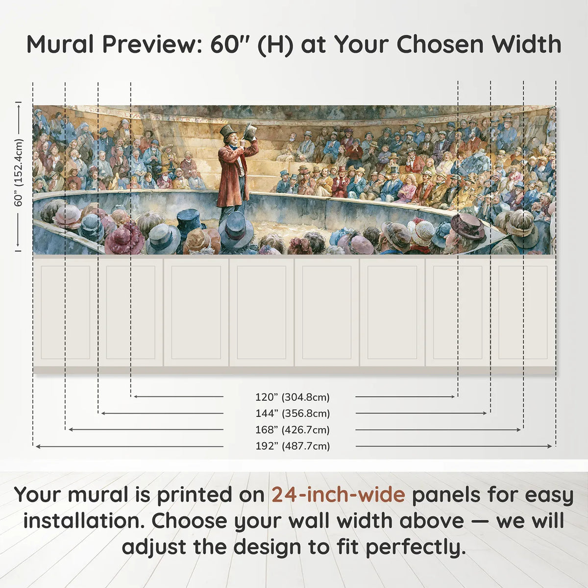 Panel dimensions for The Ringmaster Tips His Hat Wainscoting Wallpaper by Whimsy Tots
