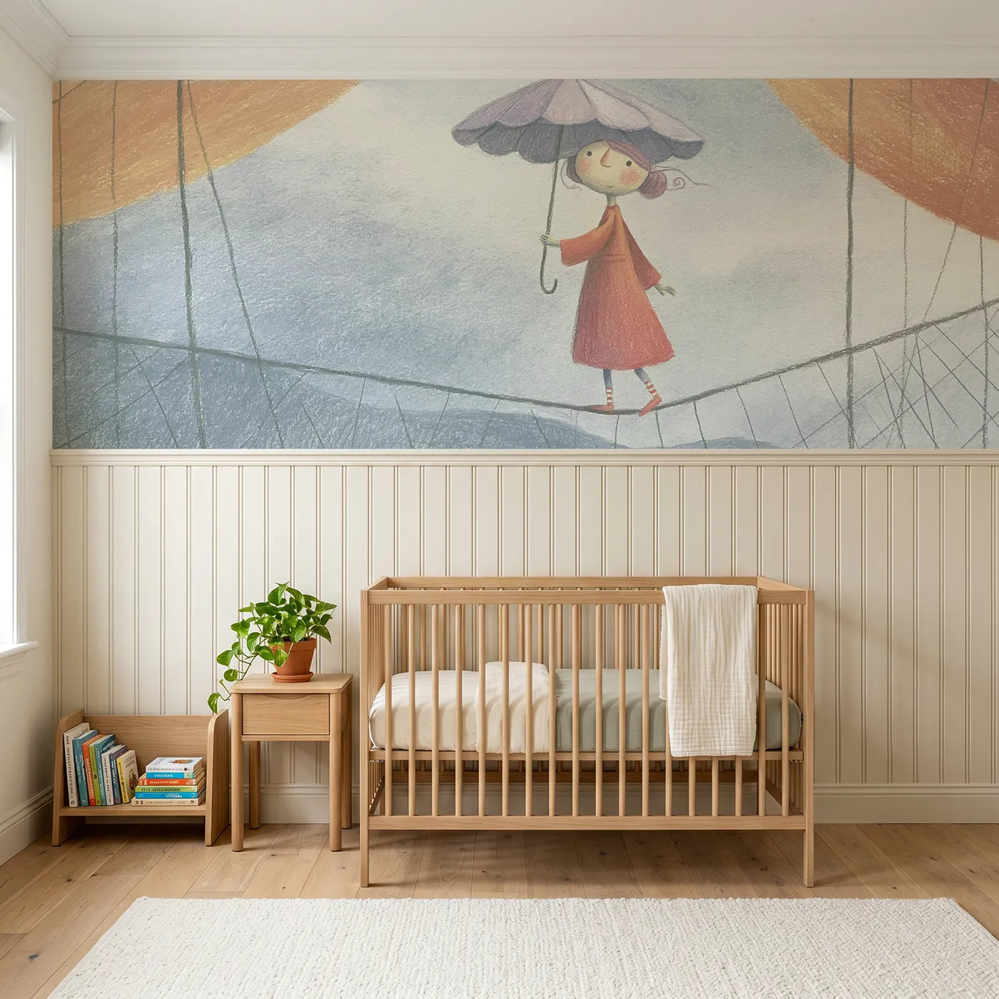 Colored pencil wainscoting wallpaper of the tightrope parasol by Whimsy Tots