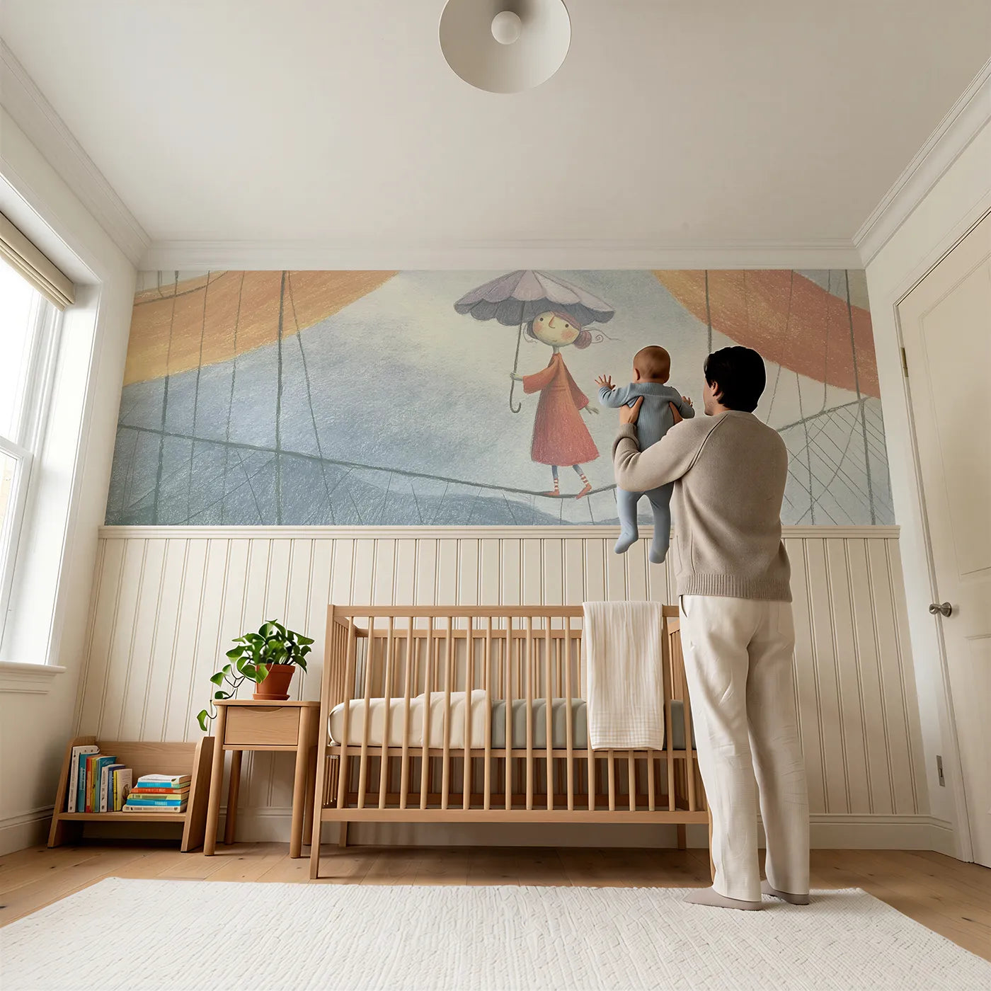Child reading near The Tightrope Parasol Wainscoting Wallpaper by Whimsy Tots