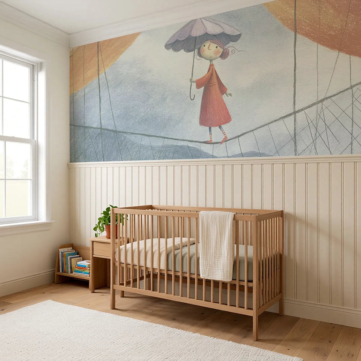 The Tightrope Parasol Wainscoting Wallpaper styled in a kids room by Whimsy Tots