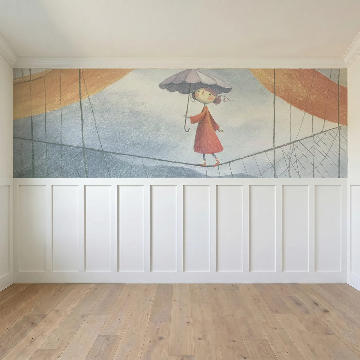 Full panel view of The Tightrope Parasol Wainscoting Wallpaper by Whimsy Tots