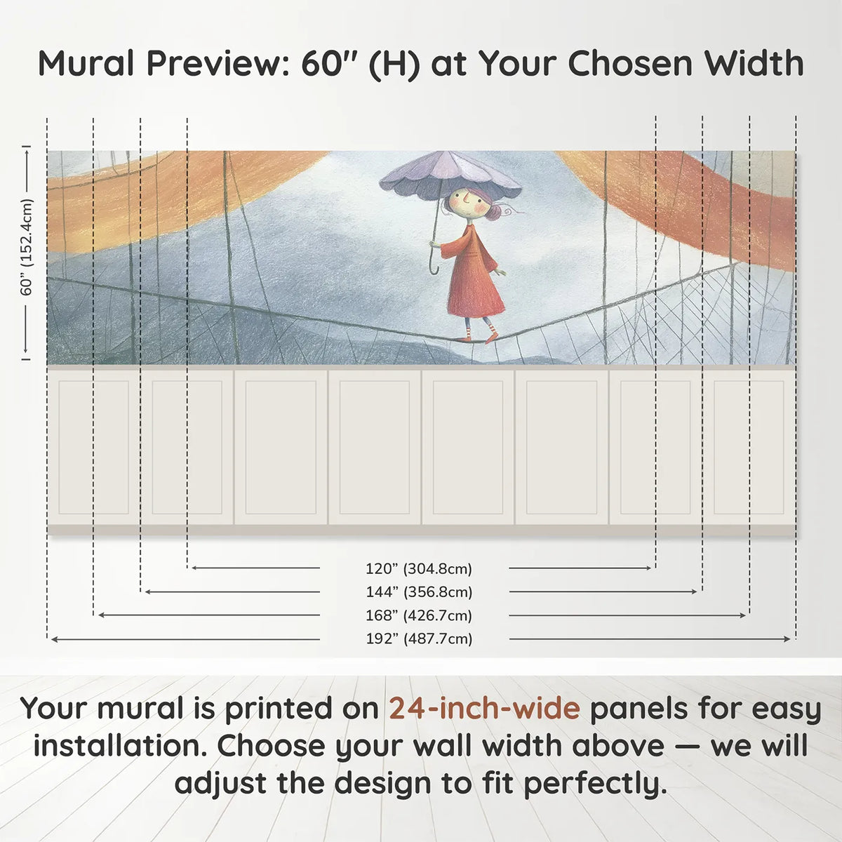 Panel dimensions for The Tightrope Parasol Wainscoting Wallpaper by Whimsy Tots
