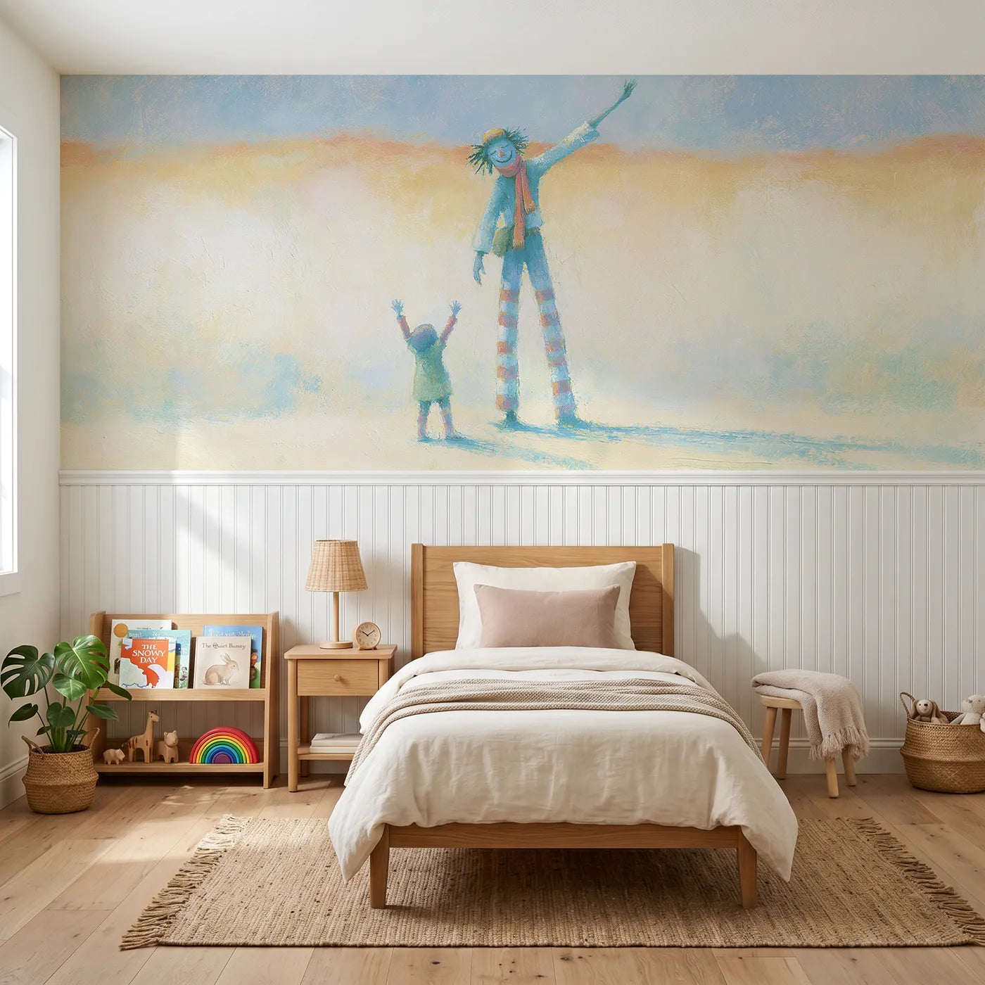 Soft pastel wainscoting wallpaper of the stilt walker waving by Whimsy Tots