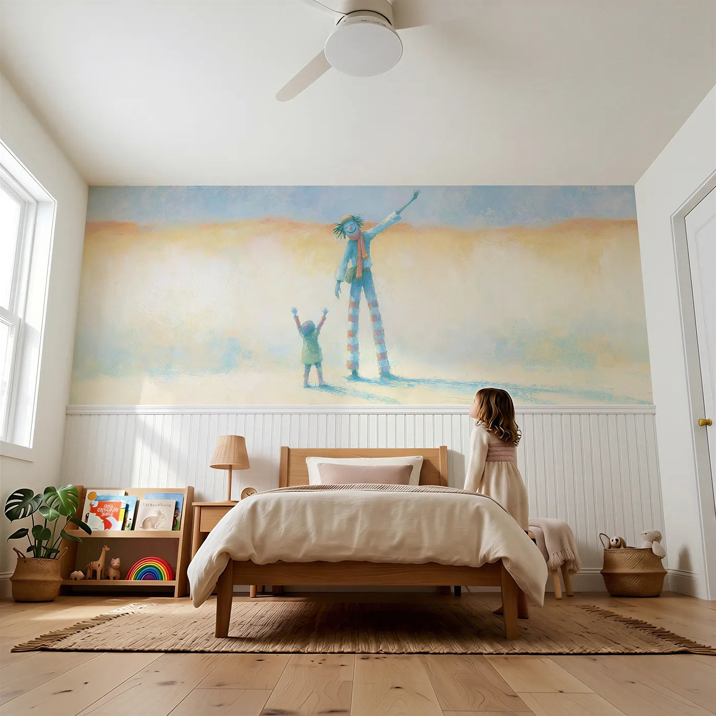 Child reading near The Stilt Walker Waves Wainscoting Wallpaper by Whimsy Tots