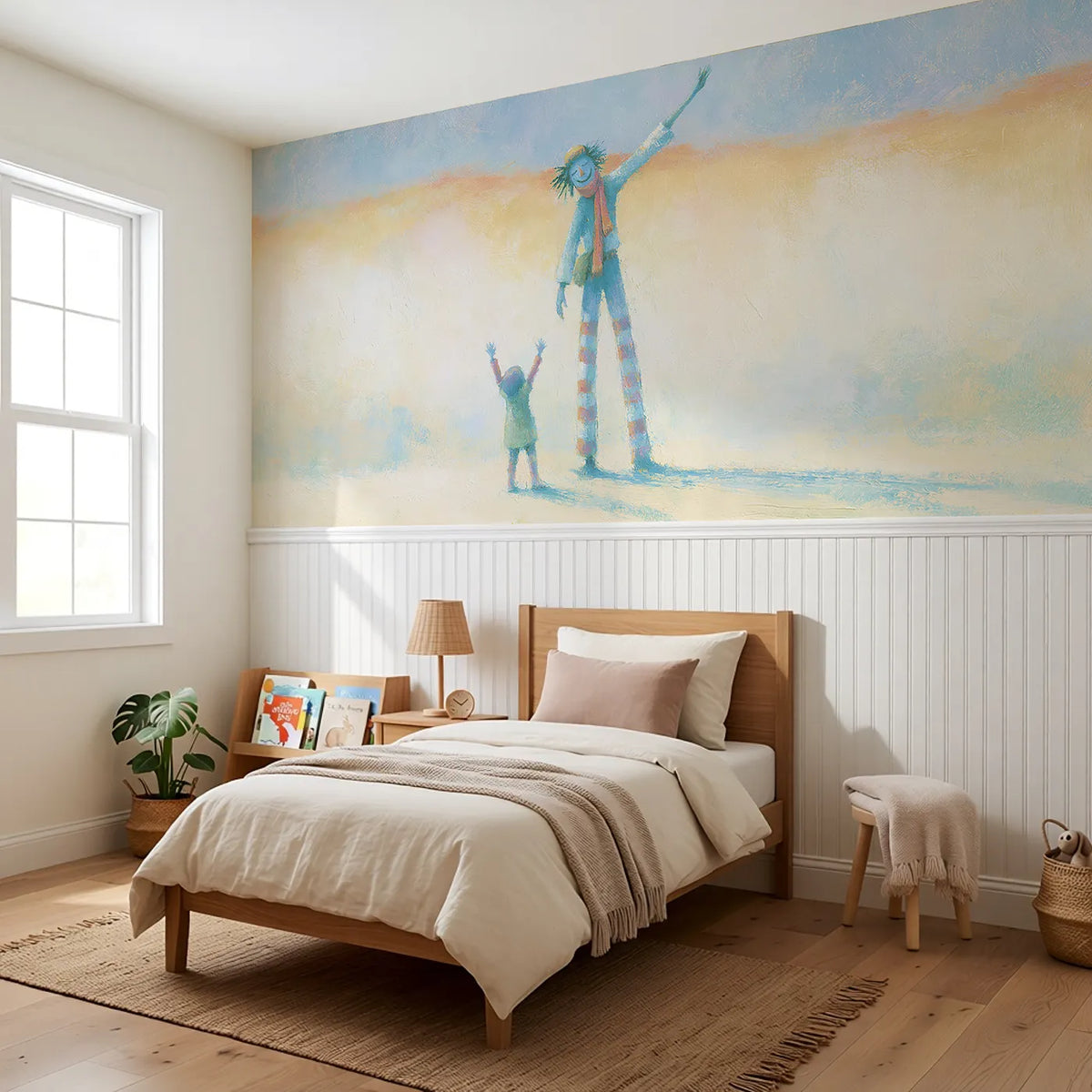 The Stilt Walker Waves Wainscoting Wallpaper styled in a kids room by Whimsy Tots