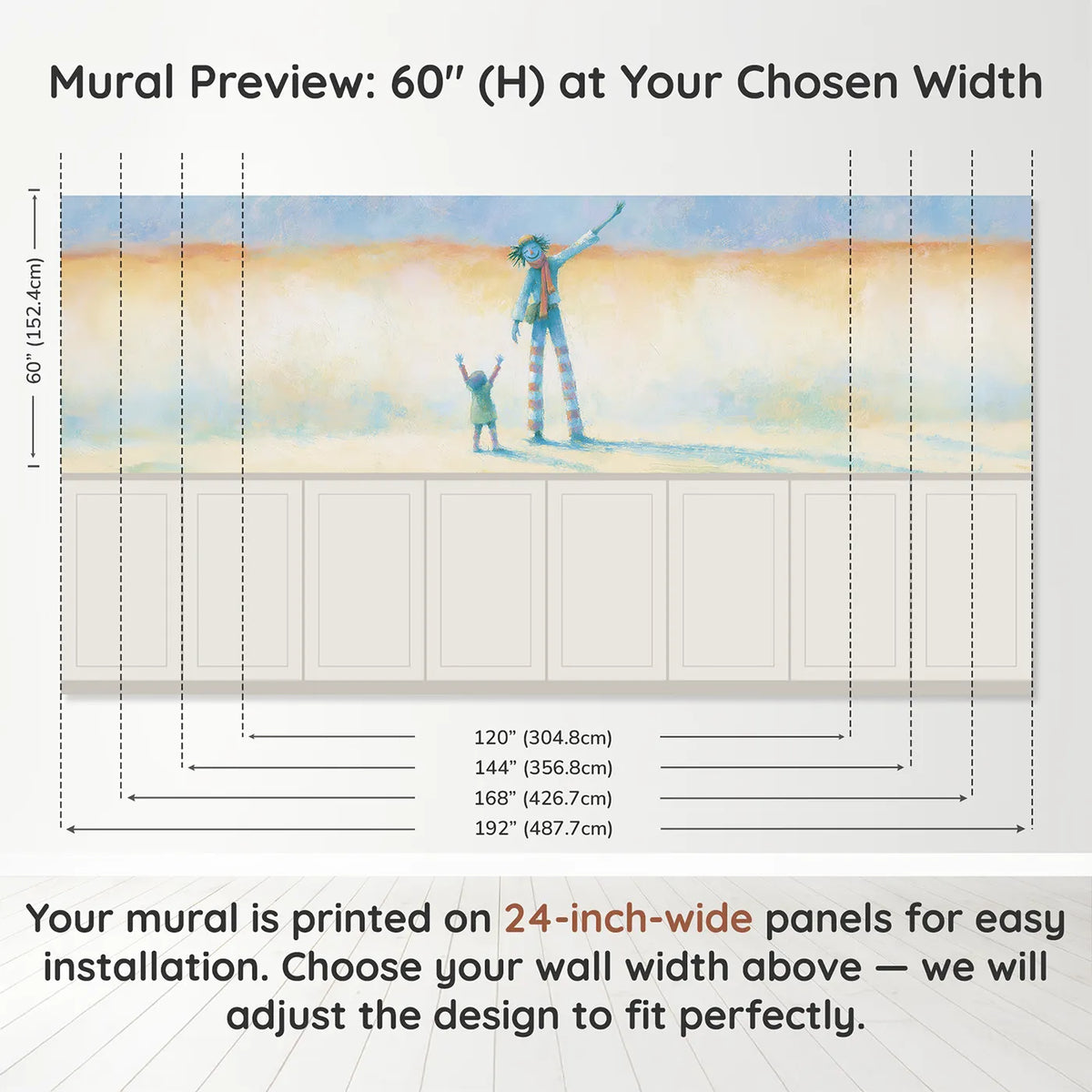 Panel dimensions for The Stilt Walker Waves Wainscoting Wallpaper by Whimsy Tots
