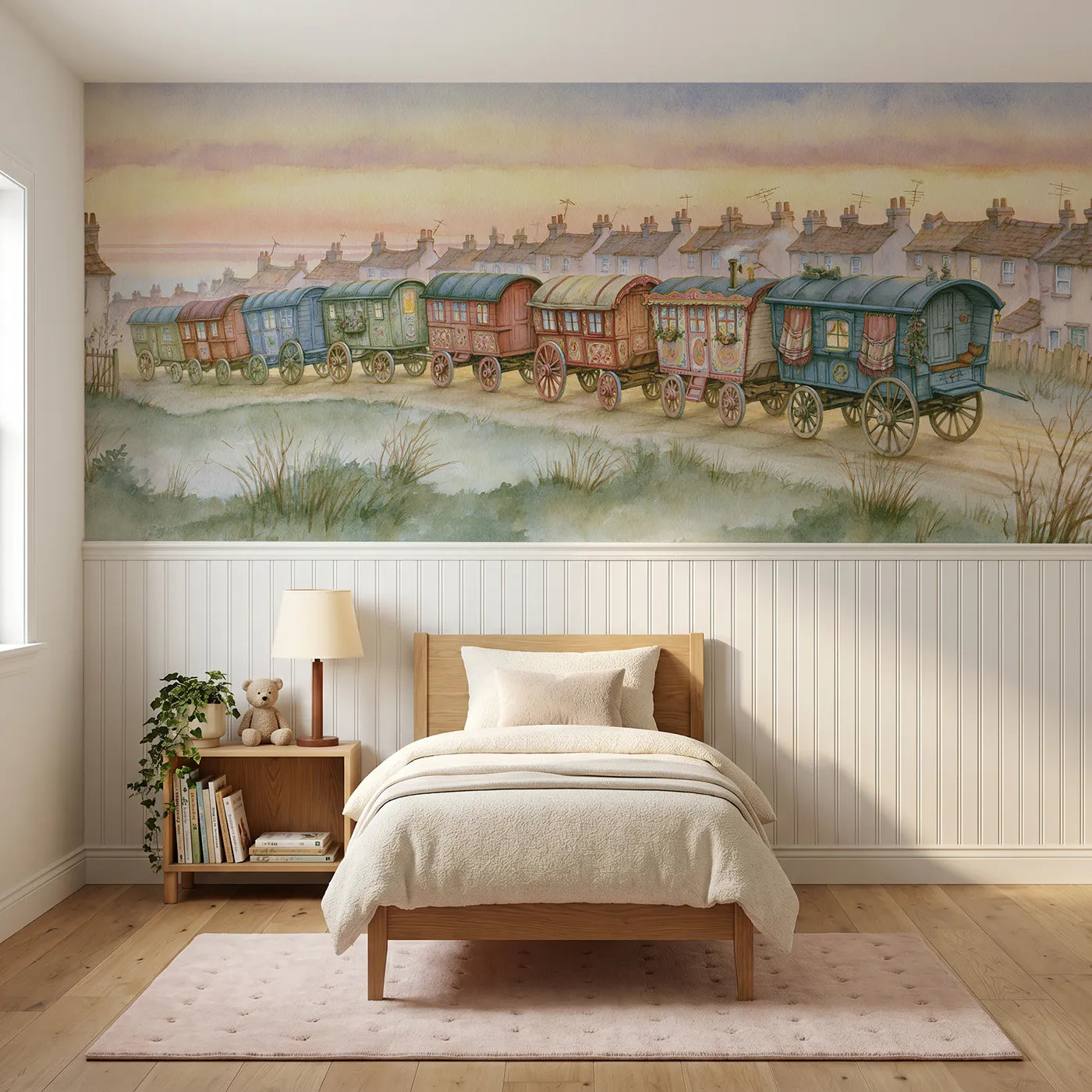 Storybook wainscoting wallpaper of the circus coming to town by Whimsy Tots