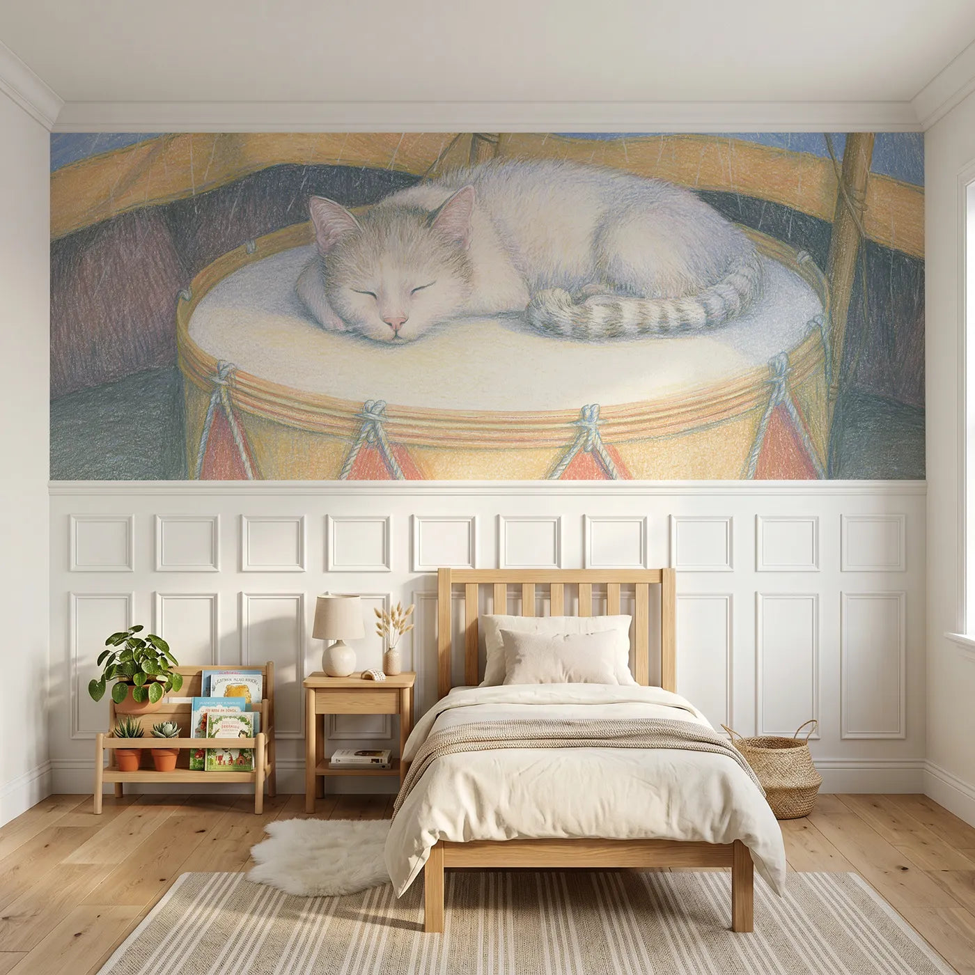 Colored pencil wainscoting wallpaper of the cat on the drum by Whimsy Tots