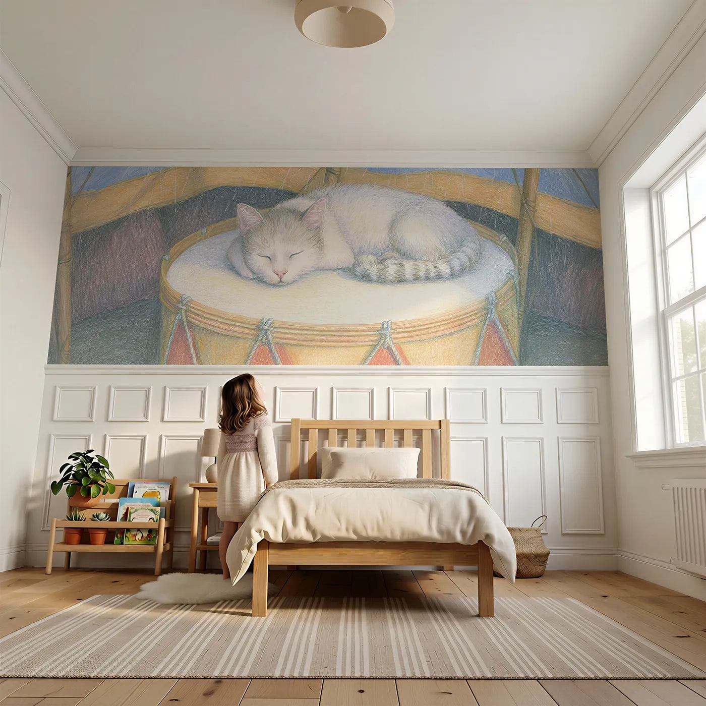 Child reading near The Cat On The Drum Wainscoting Wallpaper by Whimsy Tots