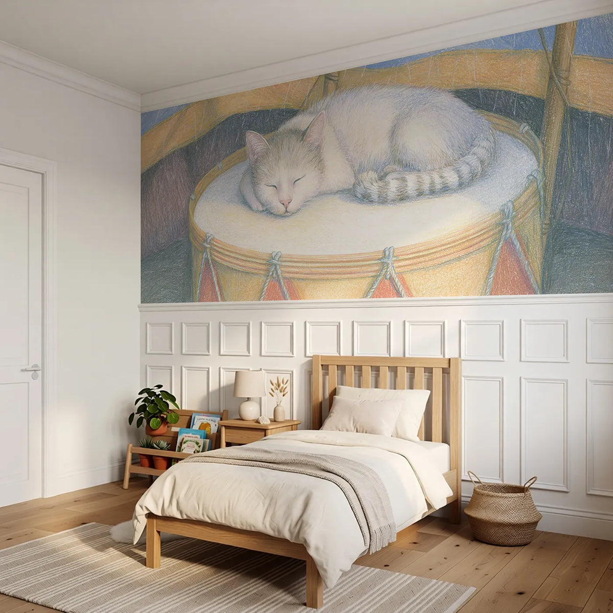 The Cat On The Drum Wainscoting Wallpaper styled in a kids room by Whimsy Tots