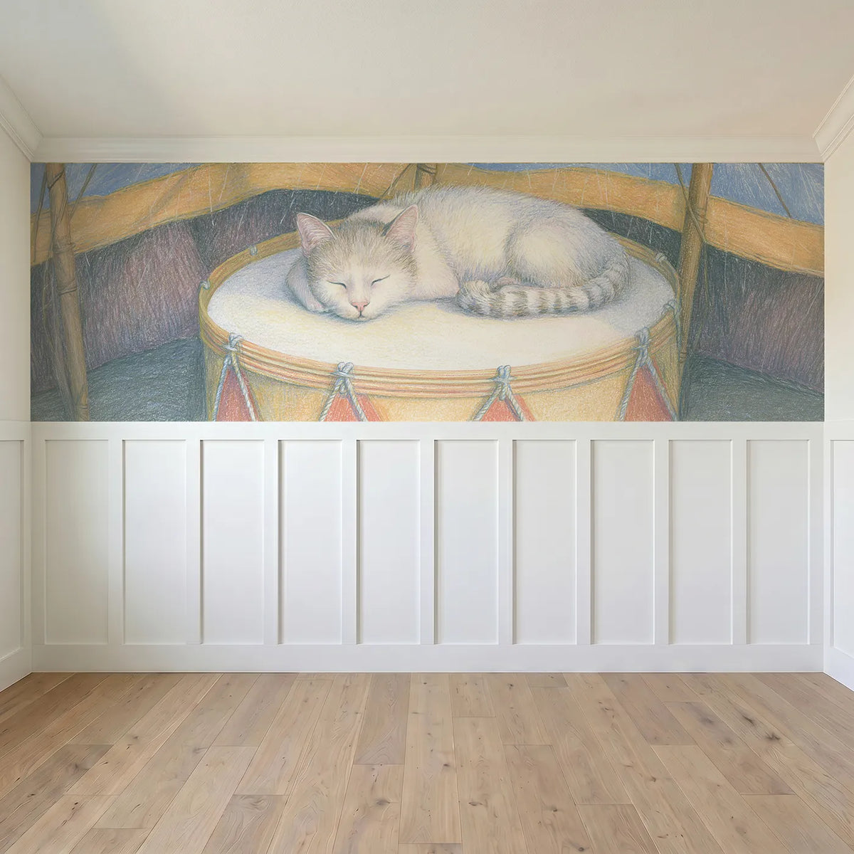 Full panel view of The Cat On The Drum Wainscoting Wallpaper by Whimsy Tots