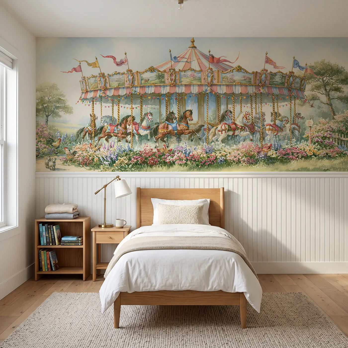 Storybook wainscoting wallpaper of the painted carousel by Whimsy Tots