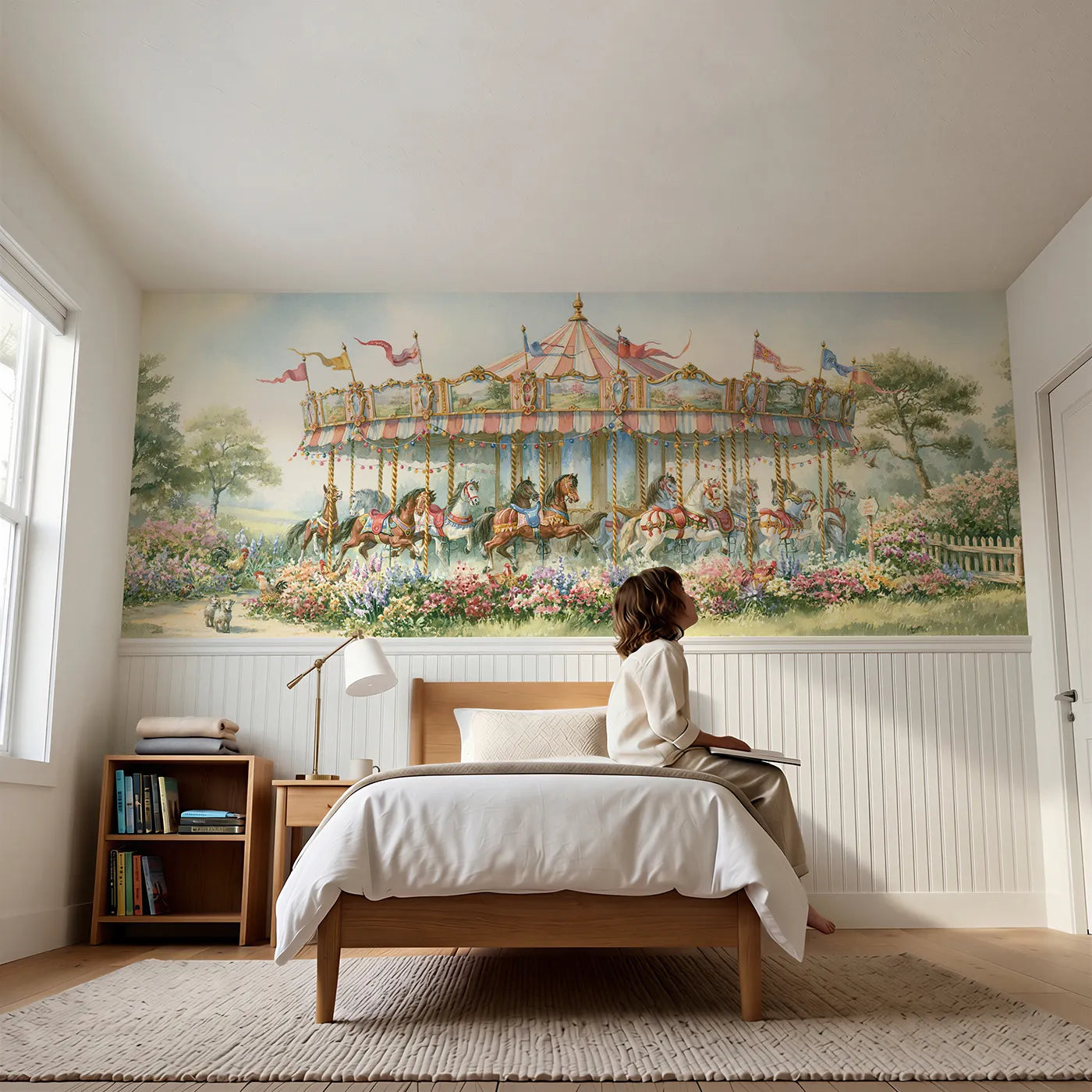 Child reading near The Painted Carousel Wainscoting Wallpaper by Whimsy Tots