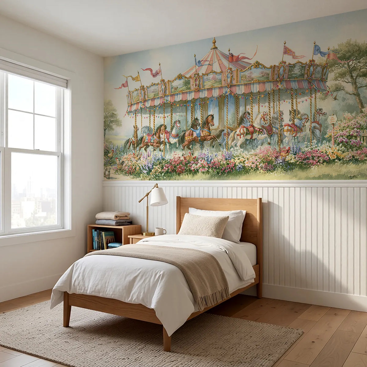 The Painted Carousel Wainscoting Wallpaper styled in a kids room by Whimsy Tots