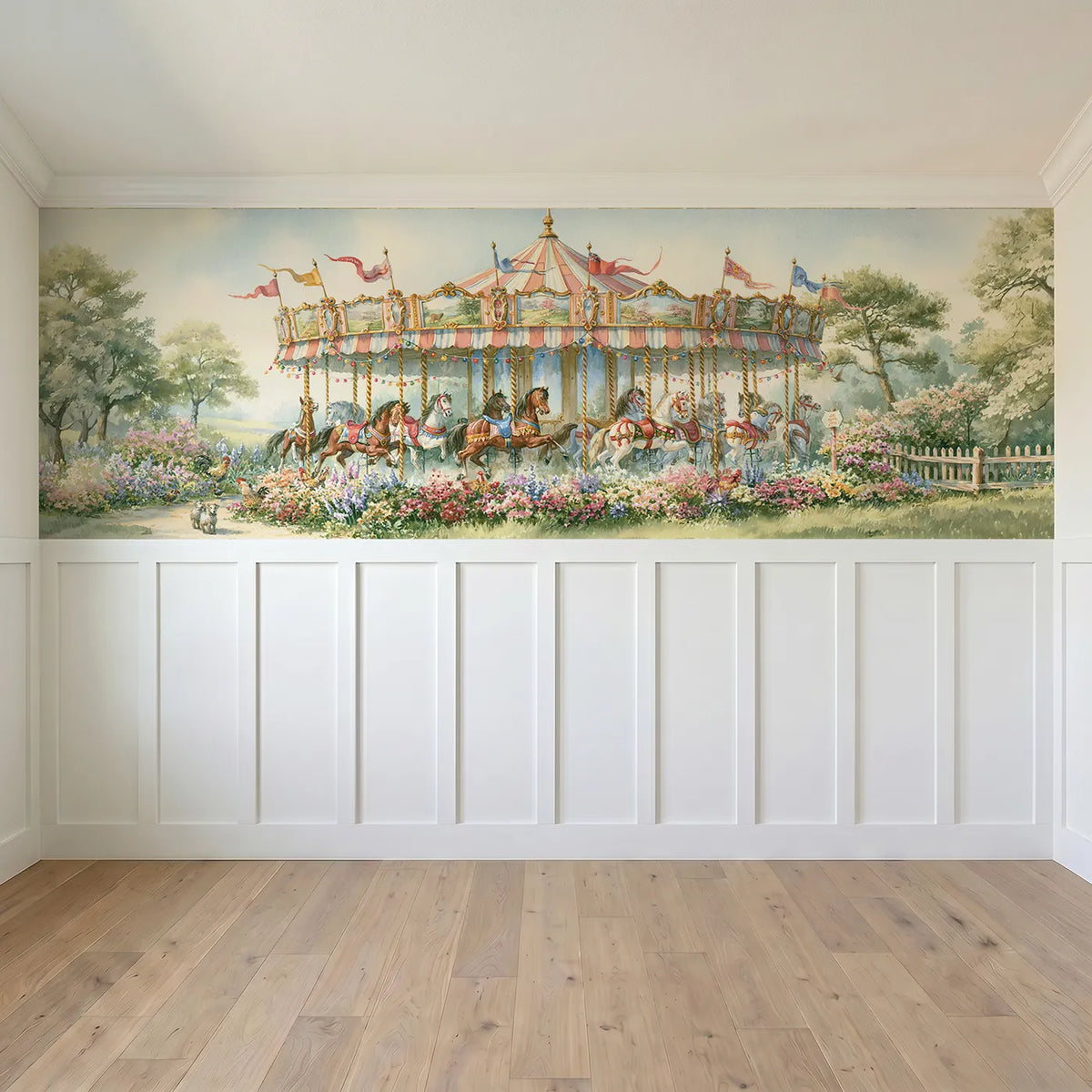 Full panel view of The Painted Carousel Wainscoting Wallpaper by Whimsy Tots
