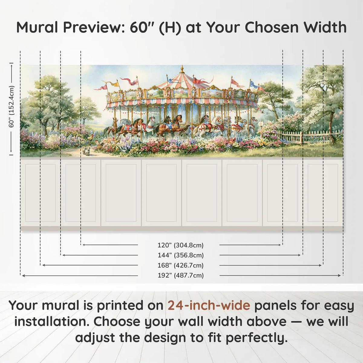 Panel dimensions for The Painted Carousel Wainscoting Wallpaper by Whimsy Tots