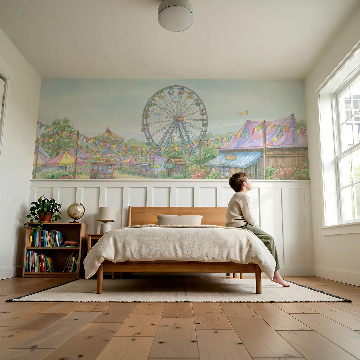 Child reading near The Big Wheel Wainscoting Wallpaper by Whimsy Tots