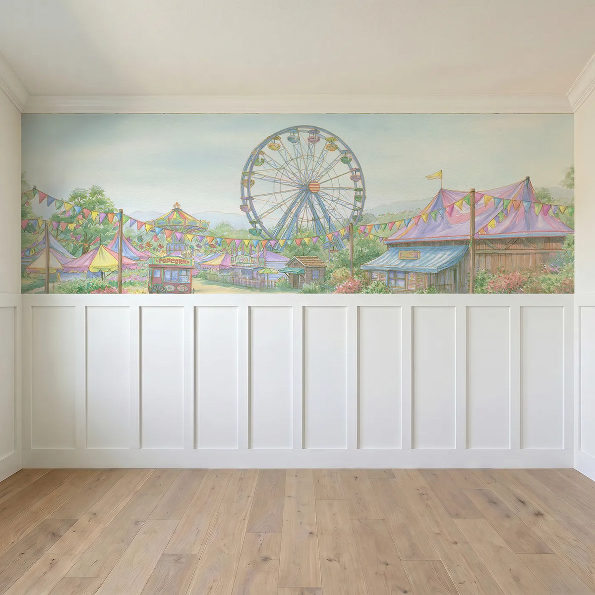 Full panel view of The Big Wheel Wainscoting Wallpaper by Whimsy Tots
