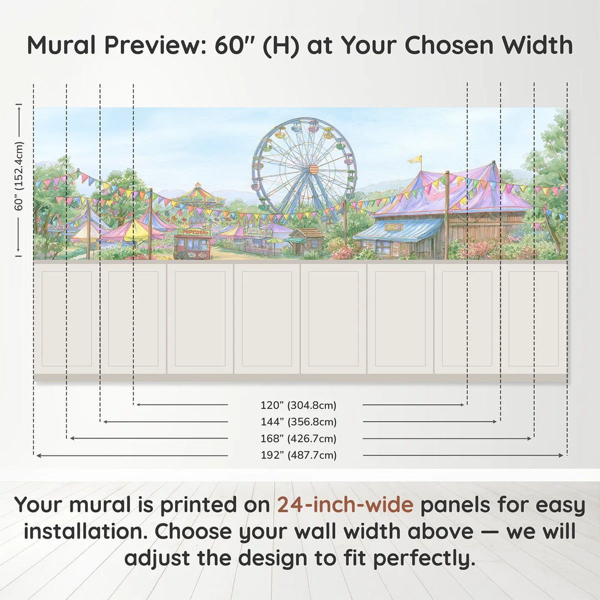 Panel dimensions for The Big Wheel Wainscoting Wallpaper by Whimsy Tots
