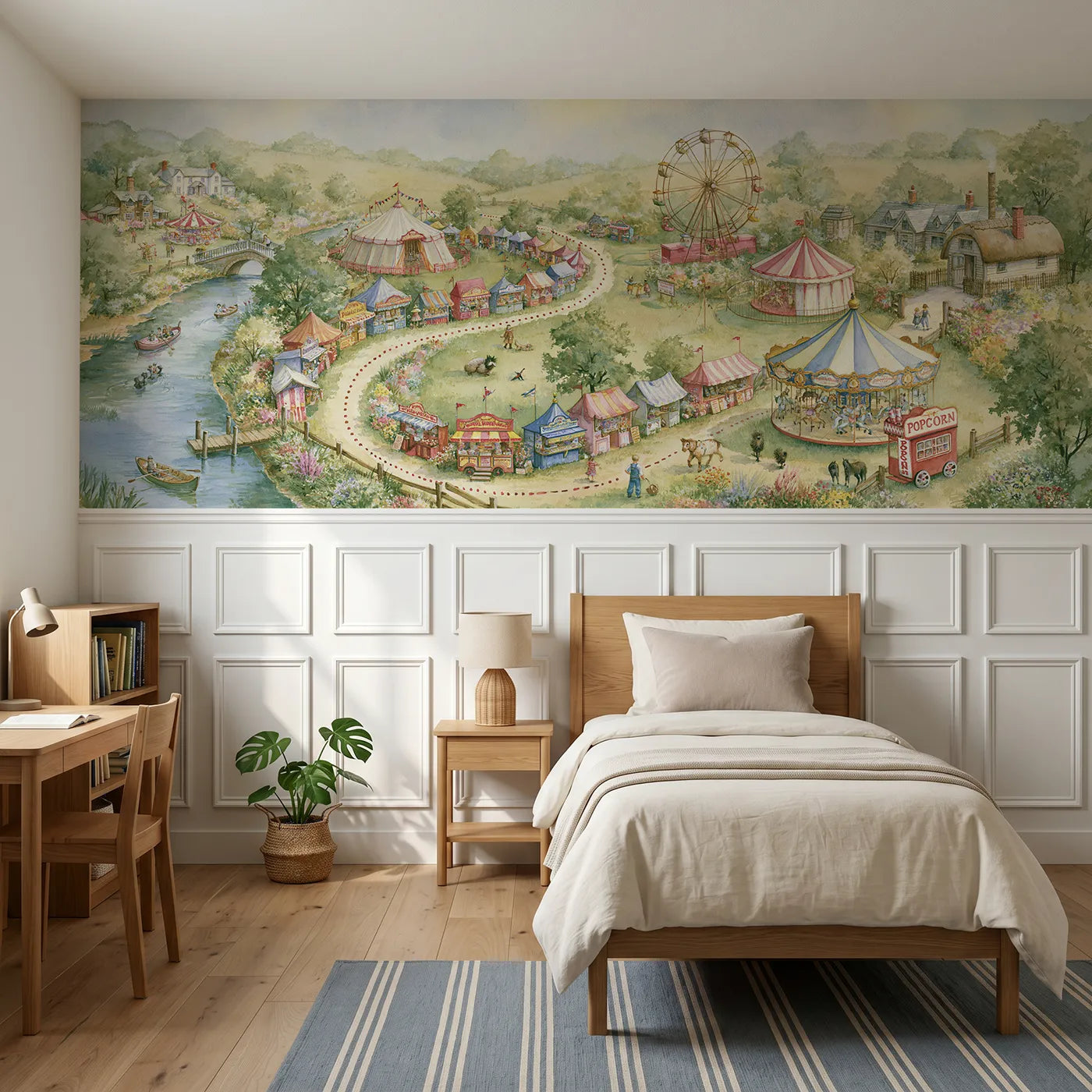 Storybook wainscoting wallpaper of the fairground map by Whimsy Tots