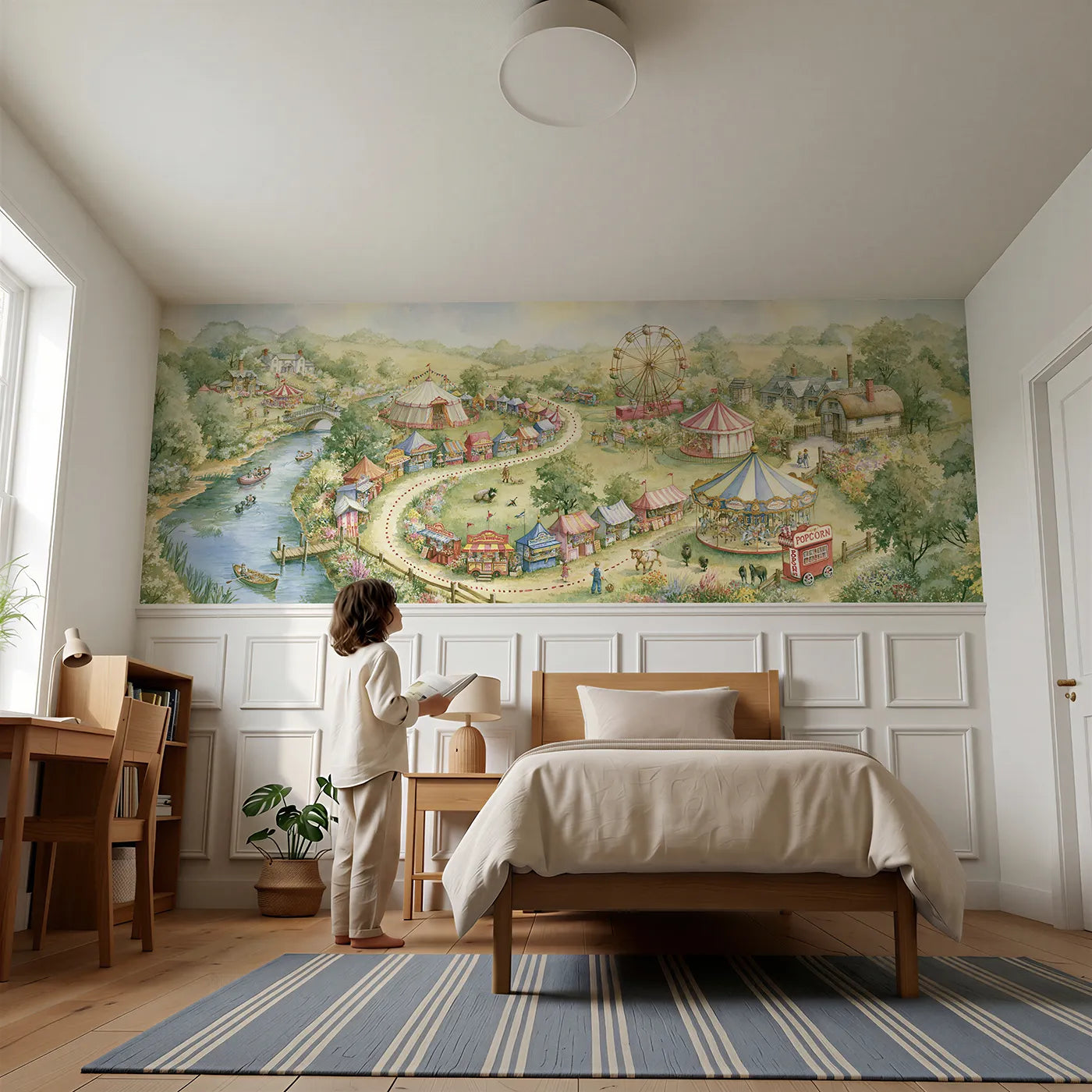 Child reading near The Fairground Map Wainscoting Wallpaper by Whimsy Tots