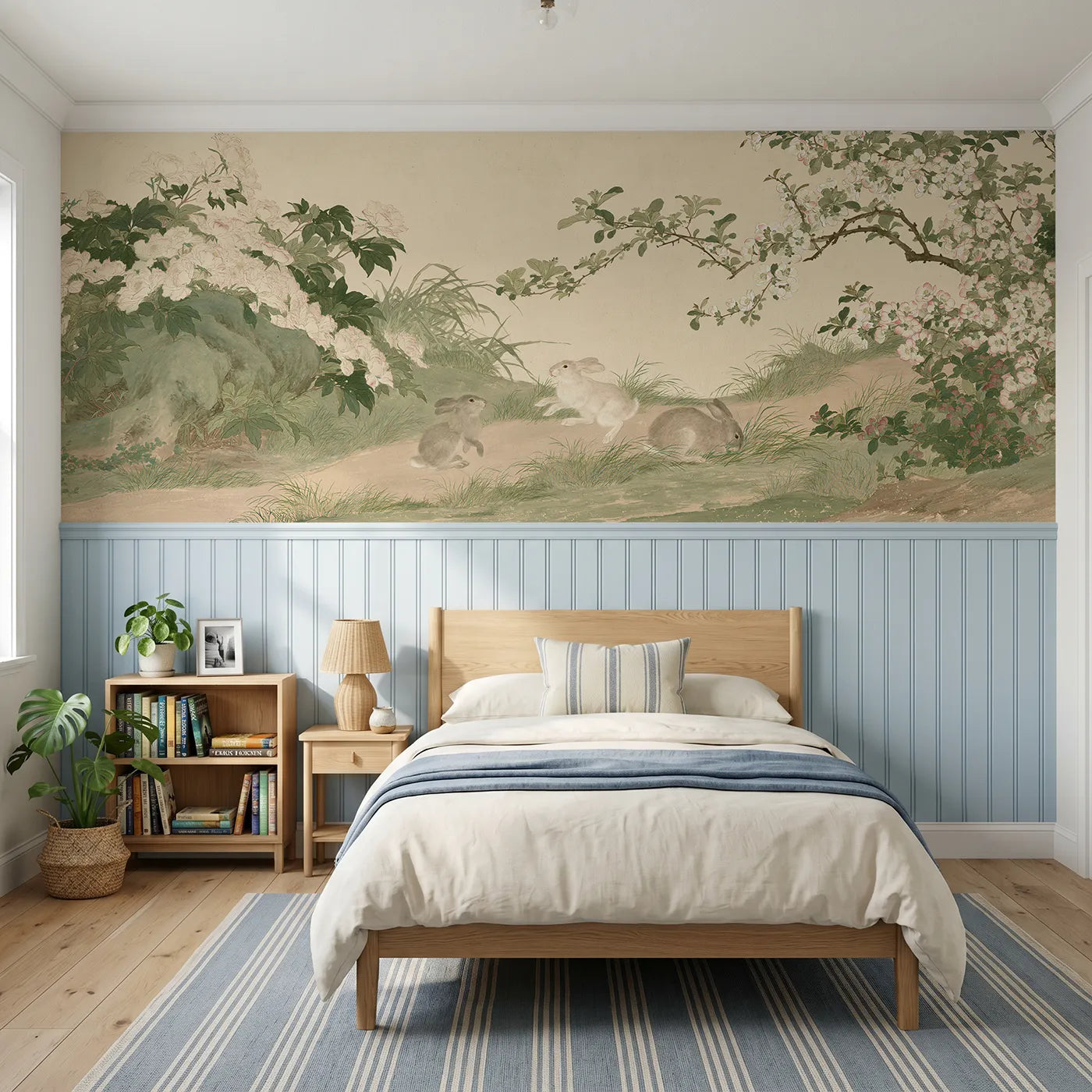 Chinoiserie wainscoting wallpaper of the wintersweet and the magpies by Whimsy Tots