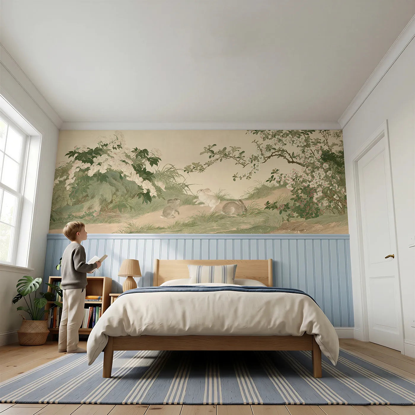 Child reading near The Rabbit Peony Path Wainscoting Wallpaper by Whimsy Tots