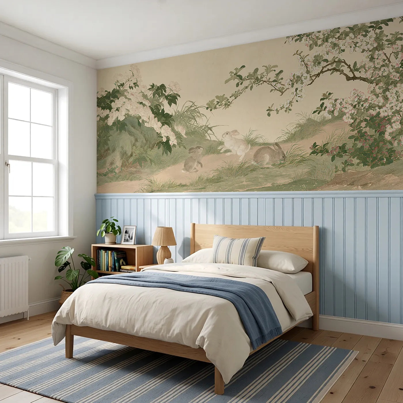 The Rabbit Peony Path Wainscoting Wallpaper styled in a kids room by Whimsy Tots