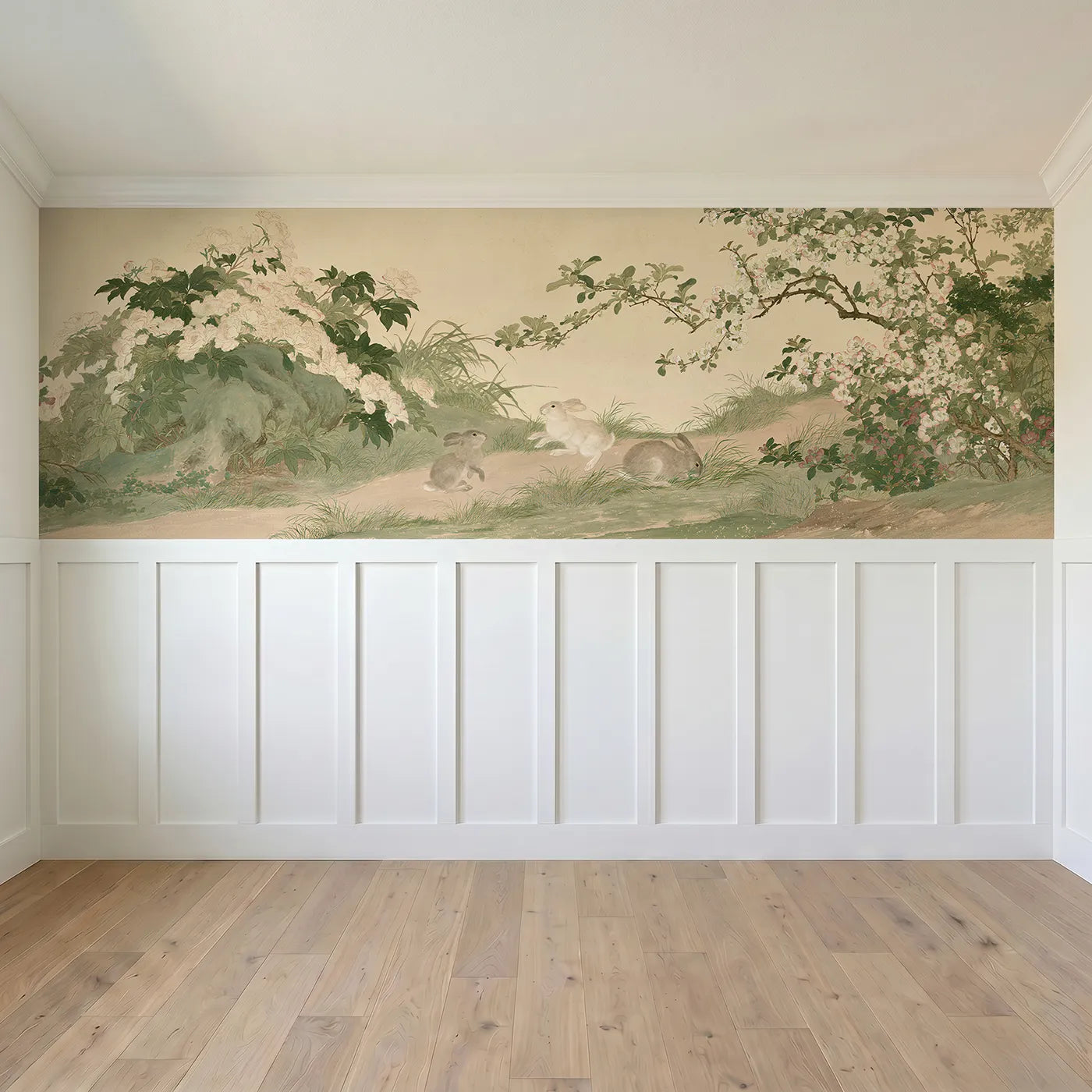 Full panel view of The Rabbit Peony Path Wainscoting Wallpaper by Whimsy Tots