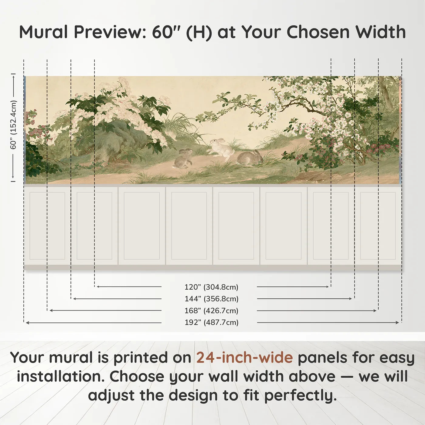 Panel dimensions for The Rabbit Peony Path Wainscoting Wallpaper by Whimsy Tots