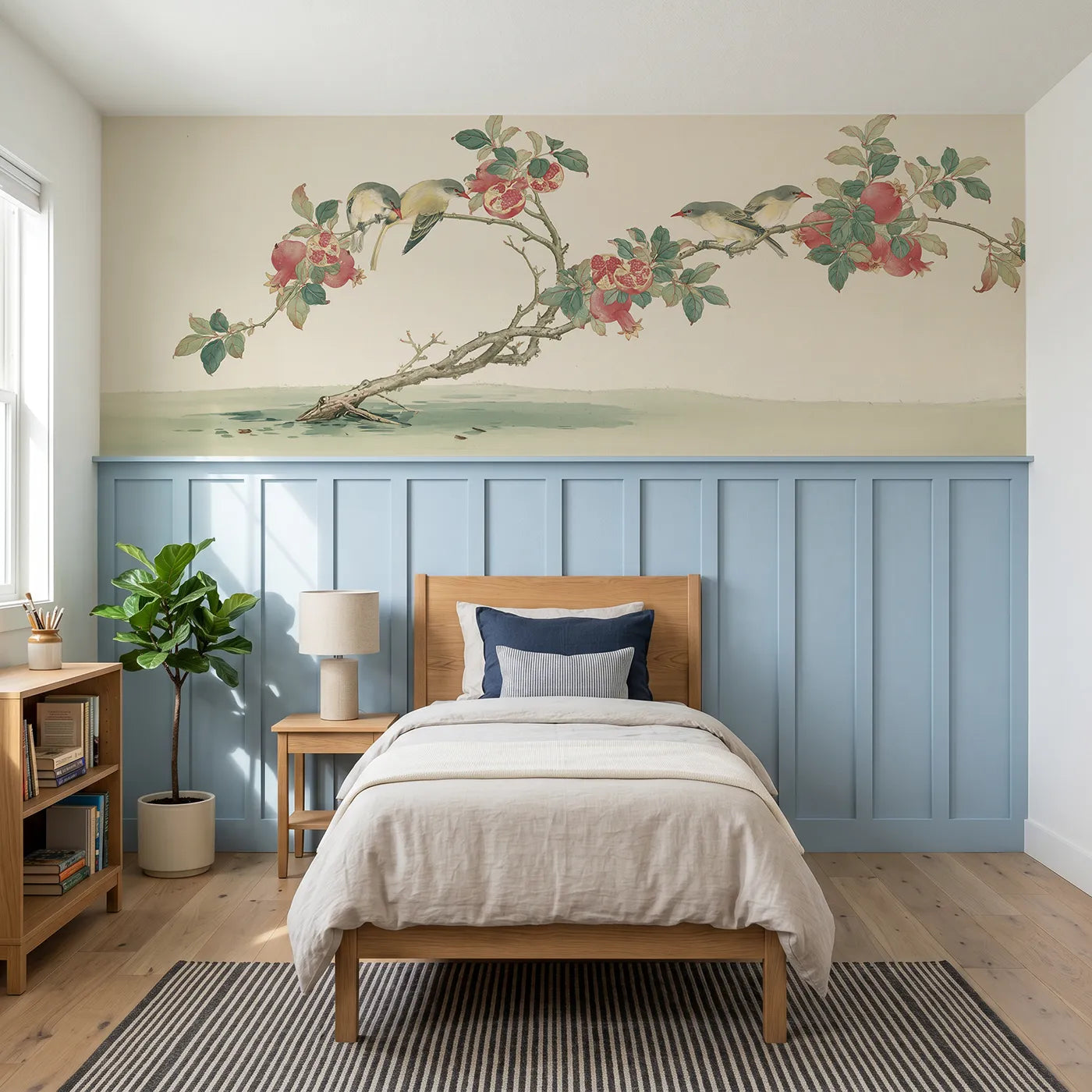 Chinoiserie wainscoting wallpaper of the pomegranate and the orioles by Whimsy Tots
