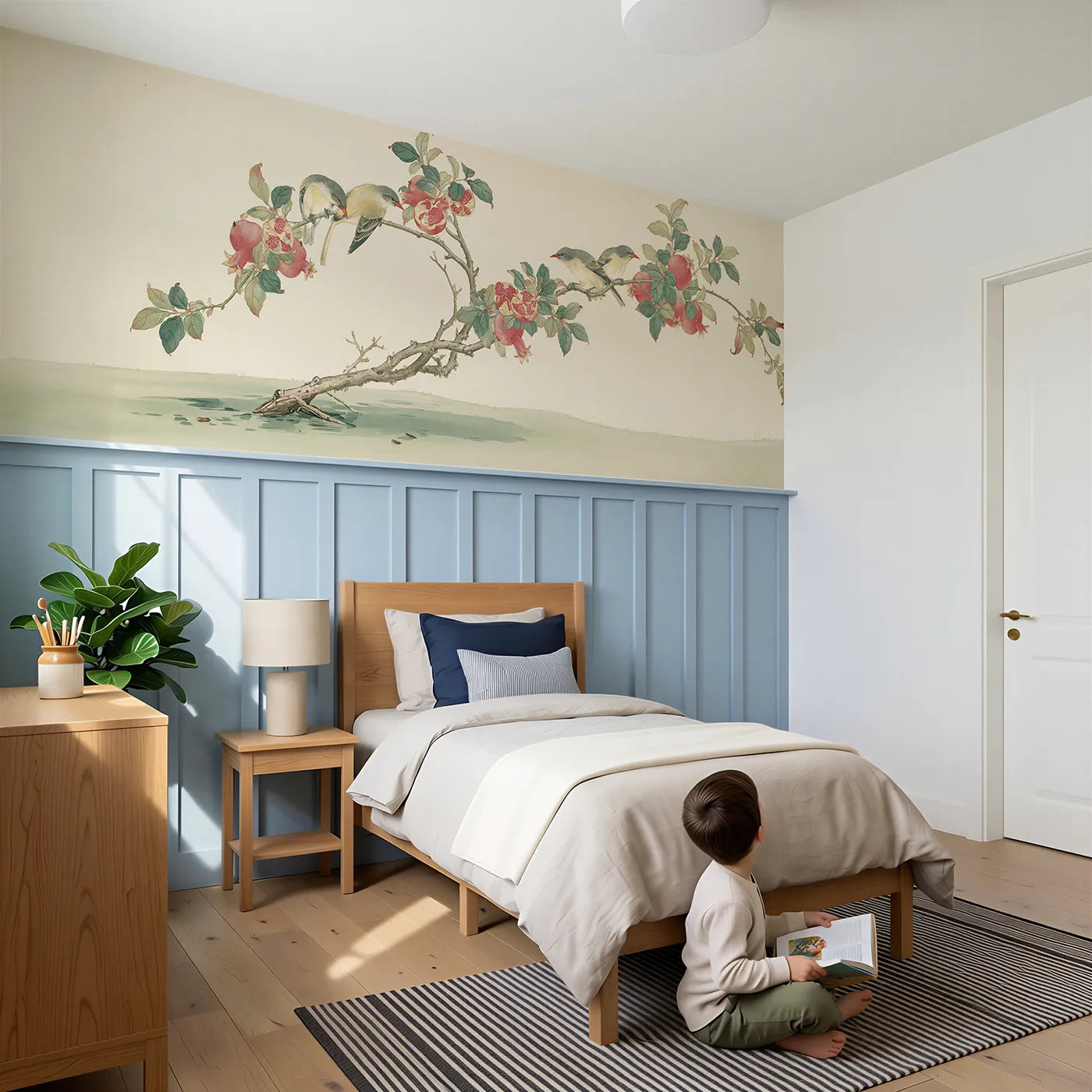Child reading near The Pomegranate And The Orioles Wainscoting Wallpaper by Whimsy Tots