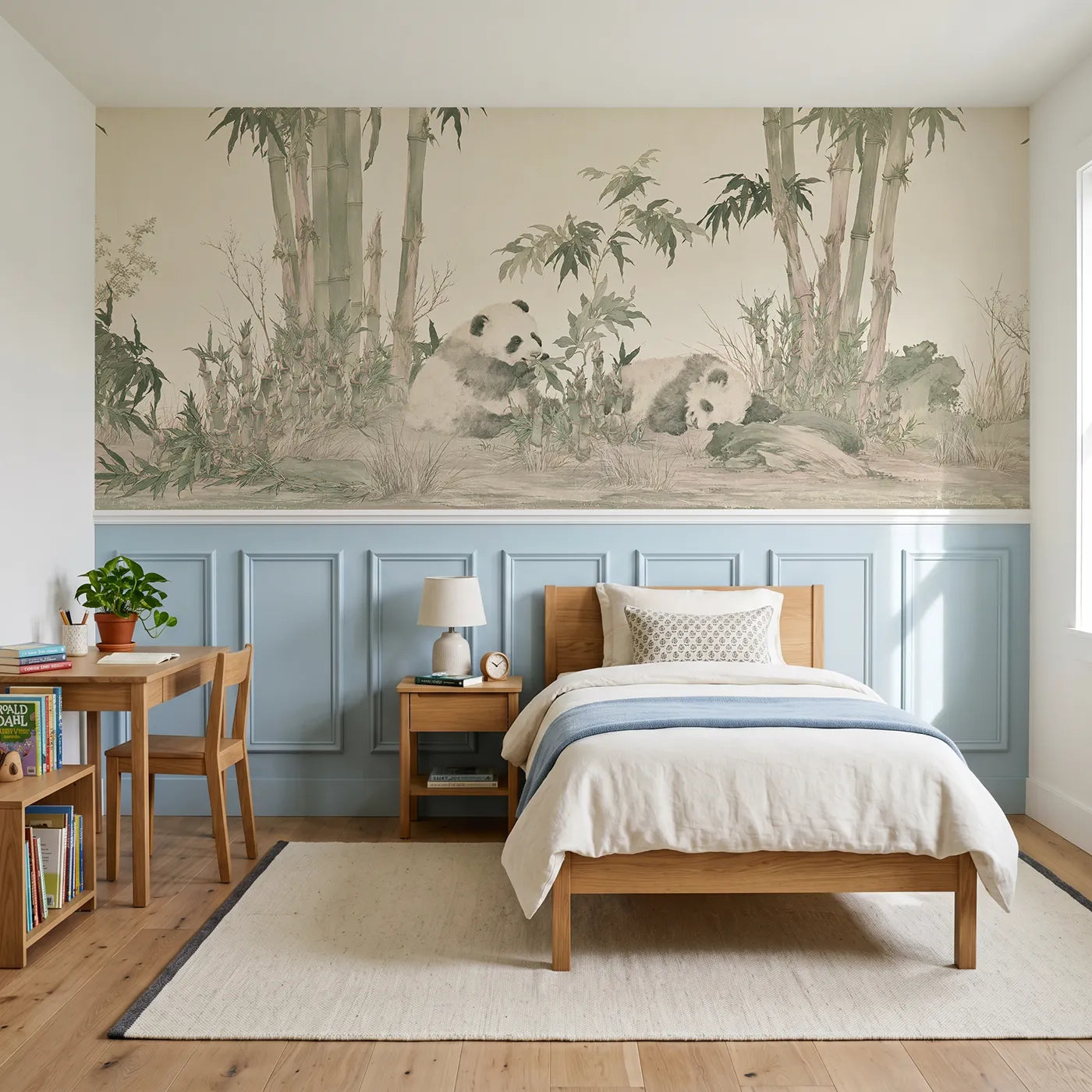 Chinoiserie wainscoting wallpaper of two young pandas in a bamboo grove by Whimsy Tots