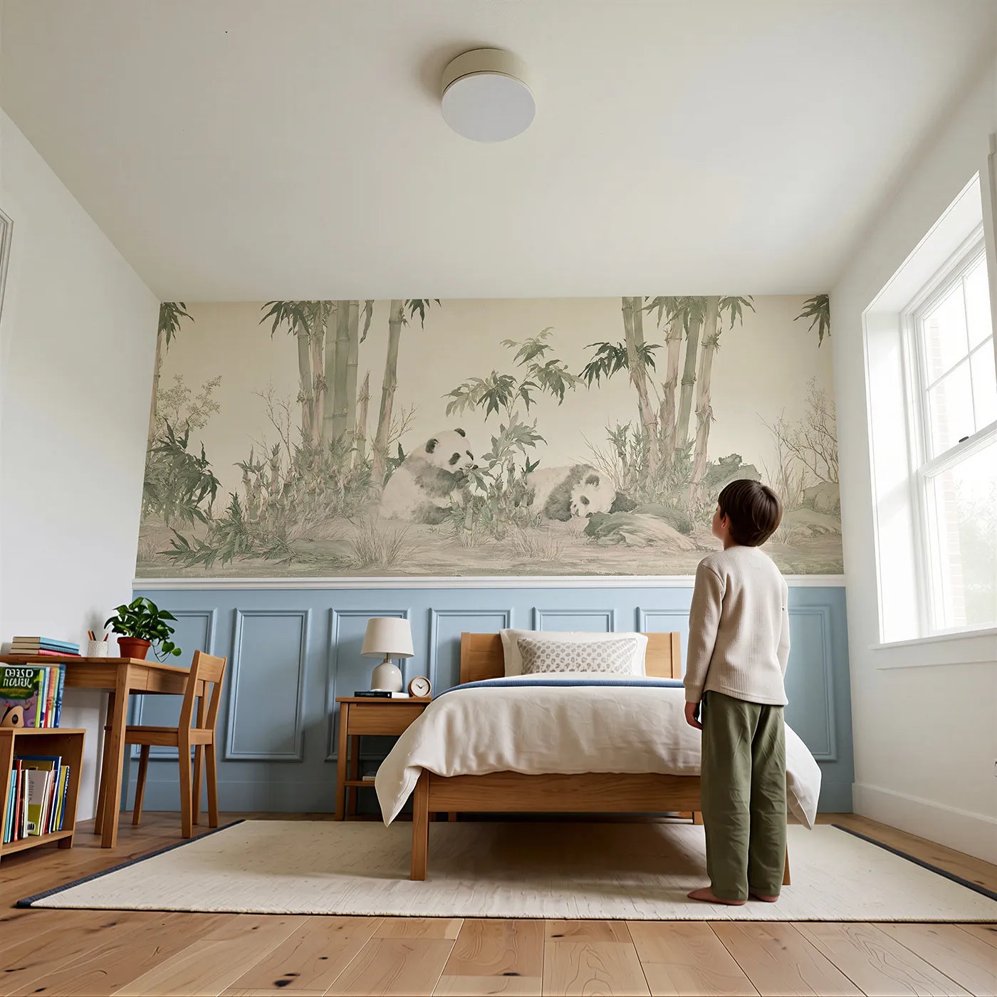 Child reading near The Panda Bamboo Grove Wainscoting Wallpaper by Whimsy Tots