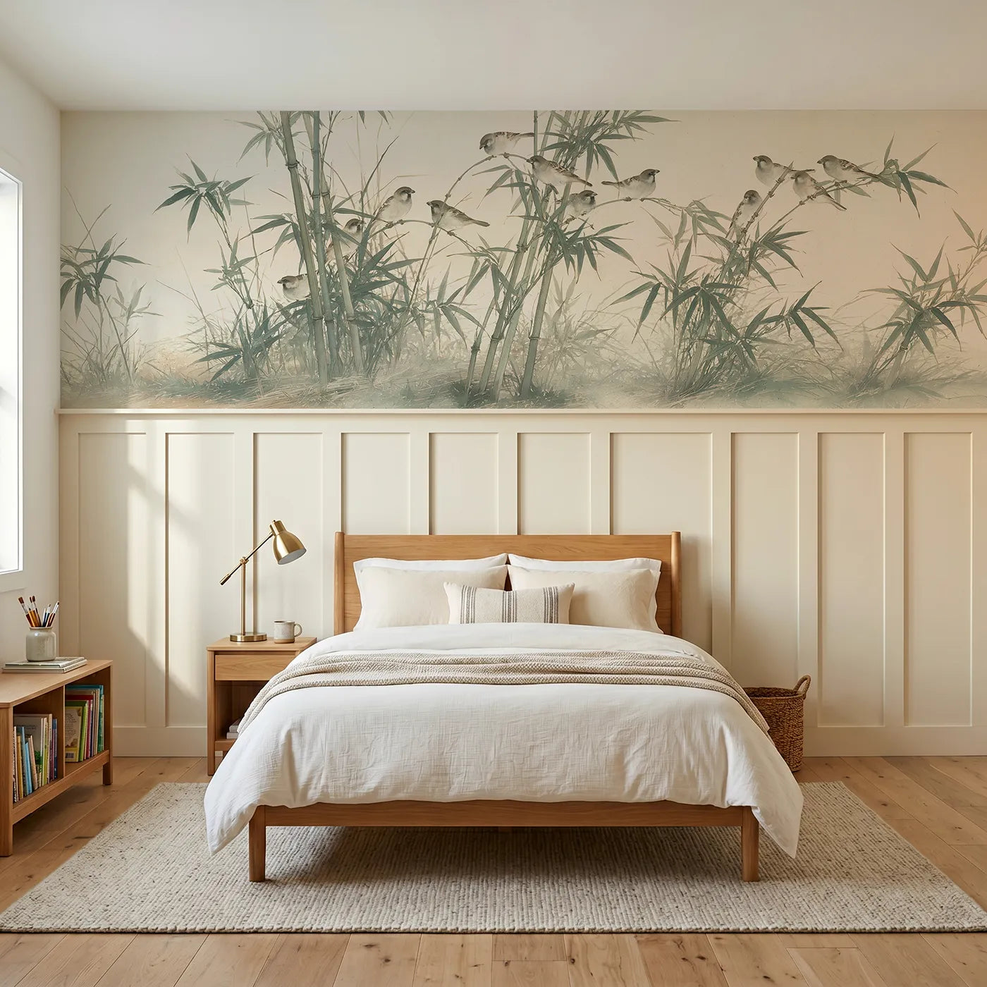 Chinoiserie wainscoting wallpaper of the bamboo and the sparrows by Whimsy Tots