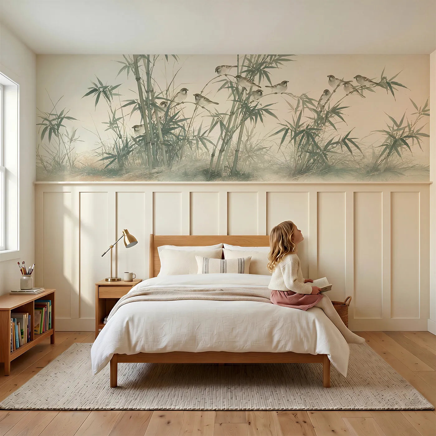 Child reading near The Bamboo And The Sparrows Wainscoting Wallpaper by Whimsy Tots