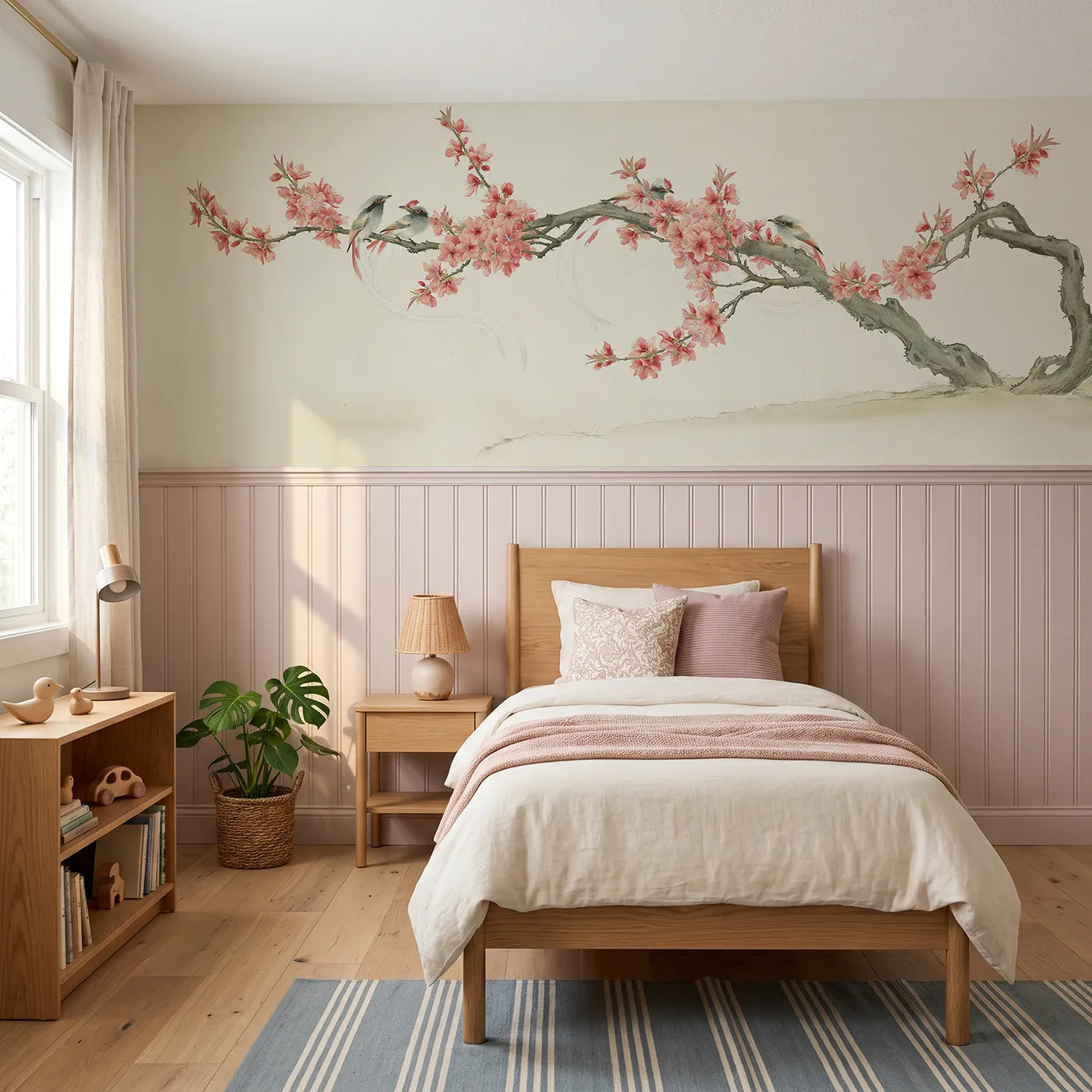 Chinoiserie wainscoting wallpaper of the peach blossom flycatchers by Whimsy Tots