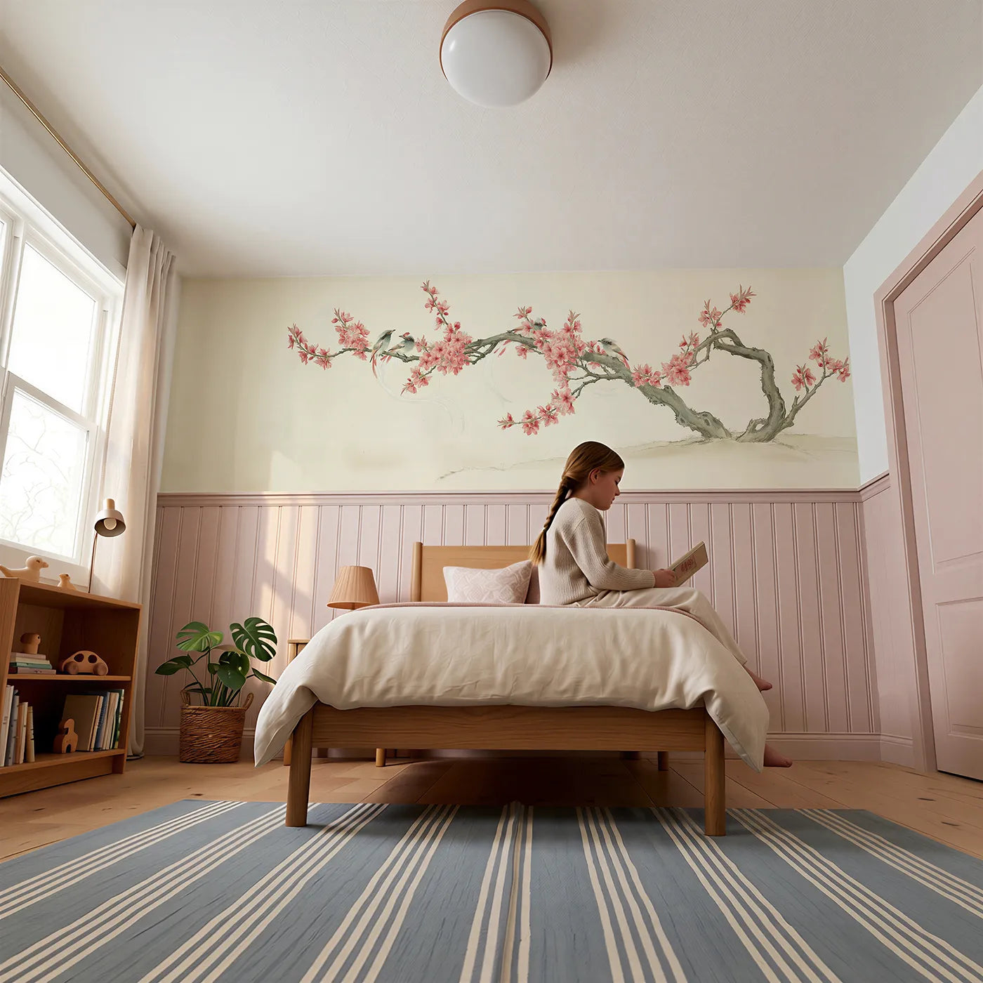 Child reading near The Peach Blossom Flycatchers Wainscoting Wallpaper by Whimsy Tots